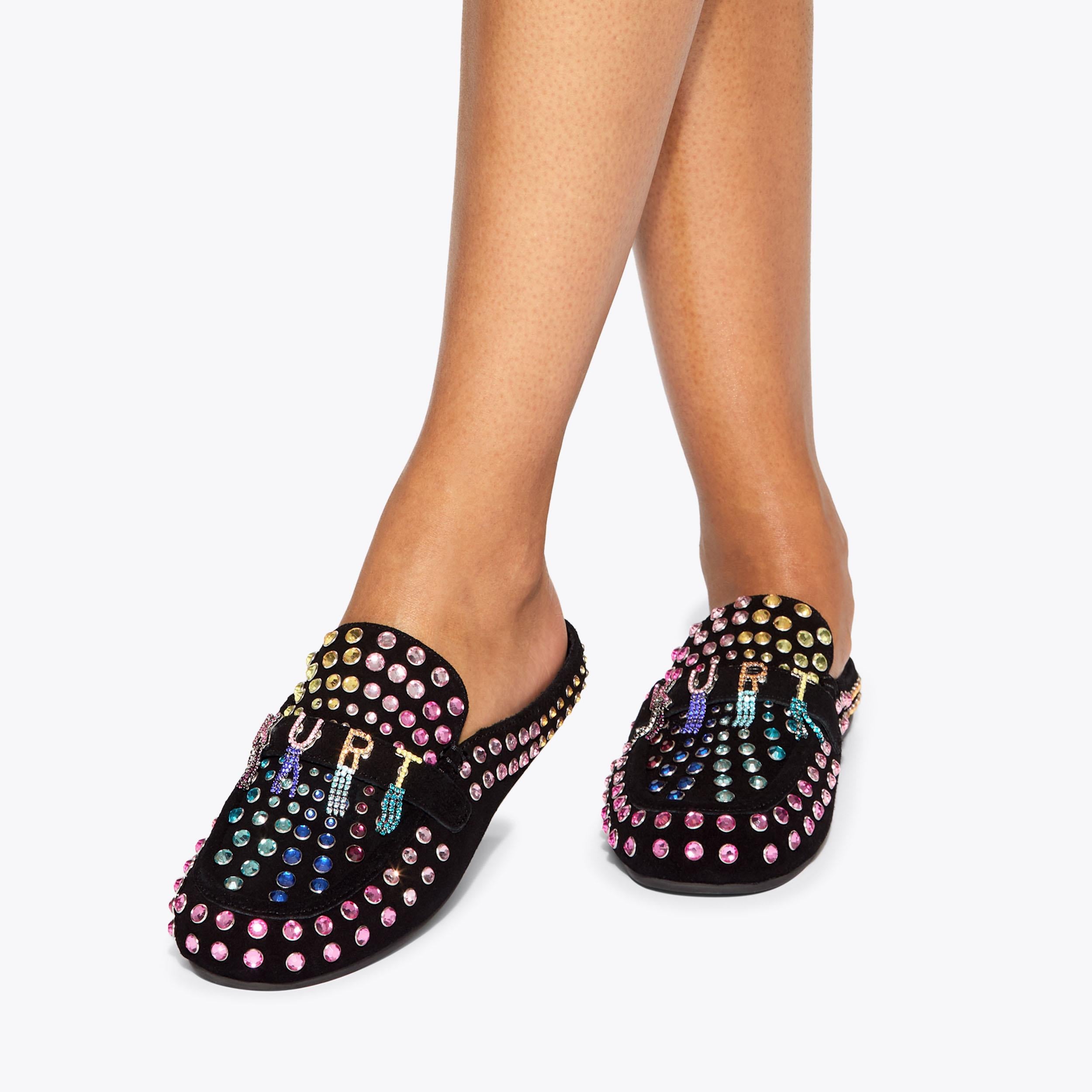 Kurt Crystal Slipper — Black Combination Suede Flat, worn on foot