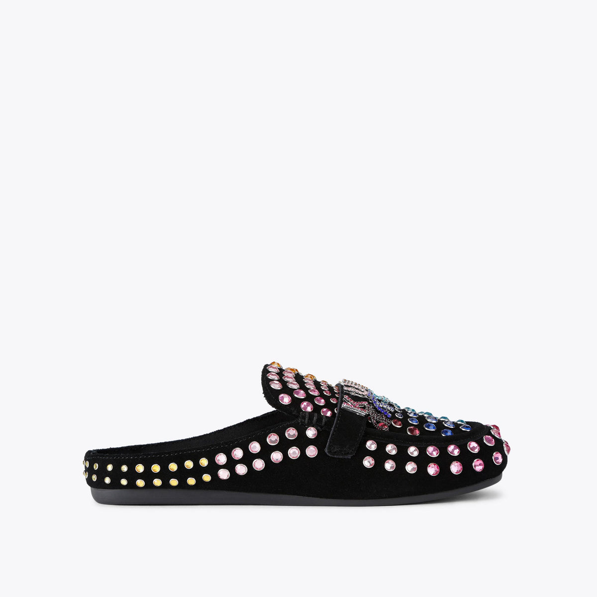 Kurt Crystal Slipper — Black Combination Suede Flat, side profile