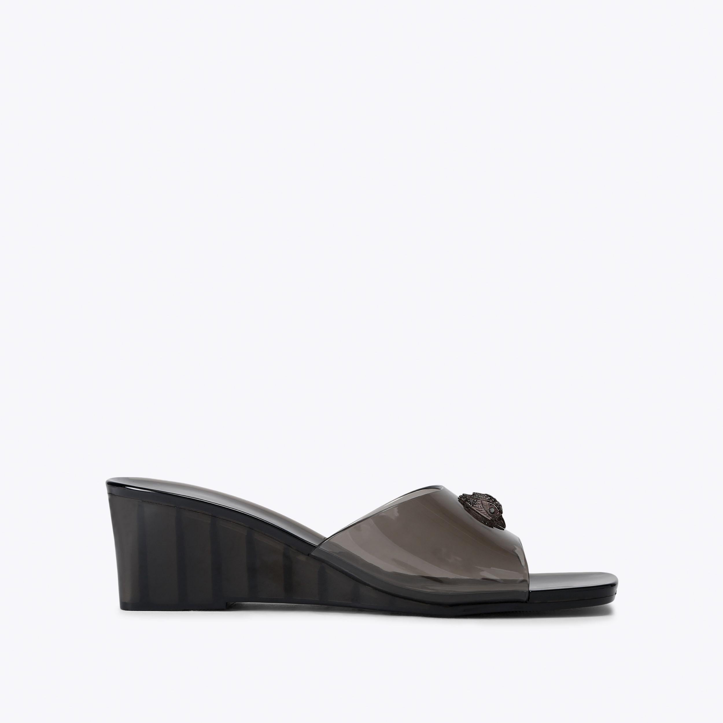 Maddison Wedge Mule — Black Transparent Sandal, side profile