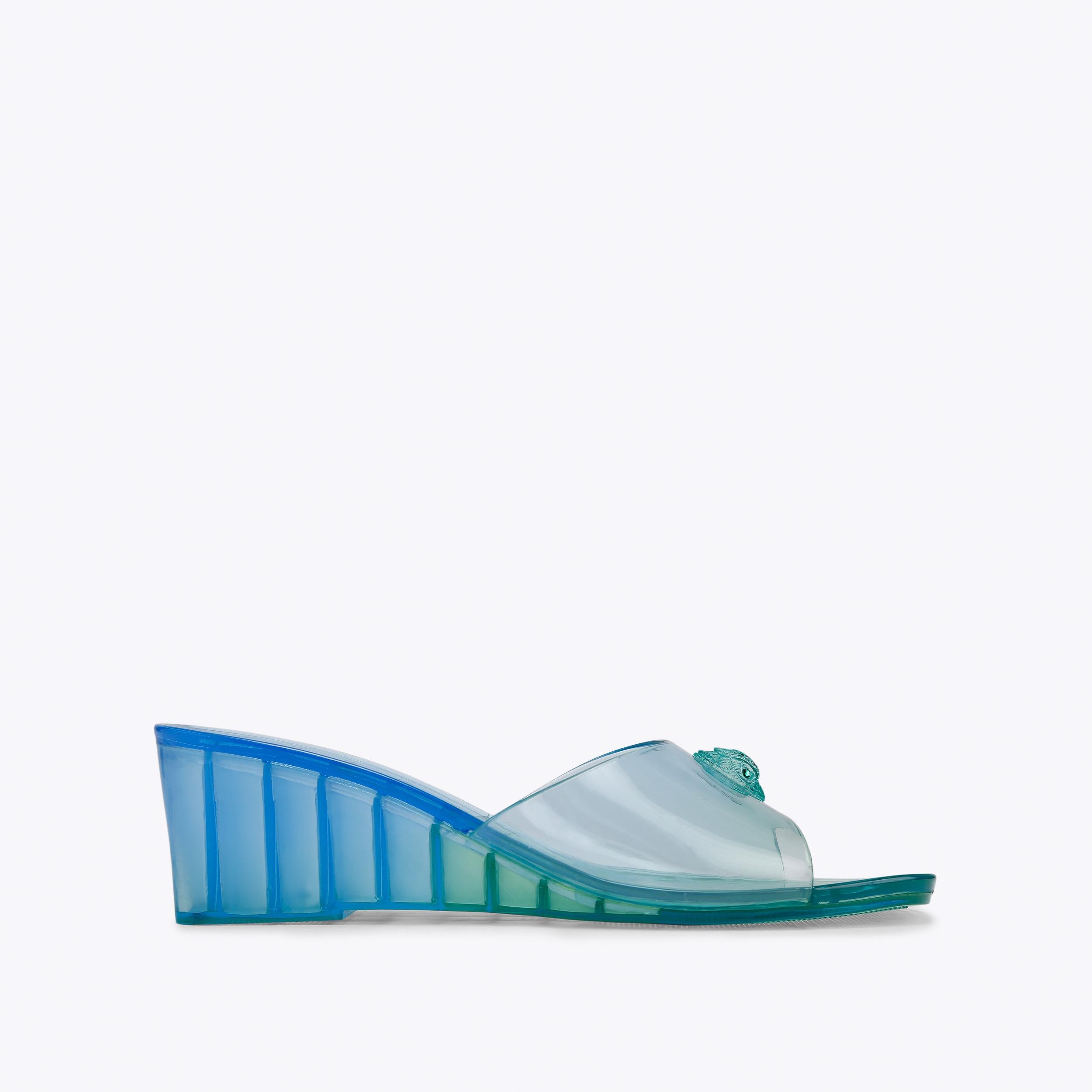 Maddison — Blue Jelly Wedge Mule, side profile
