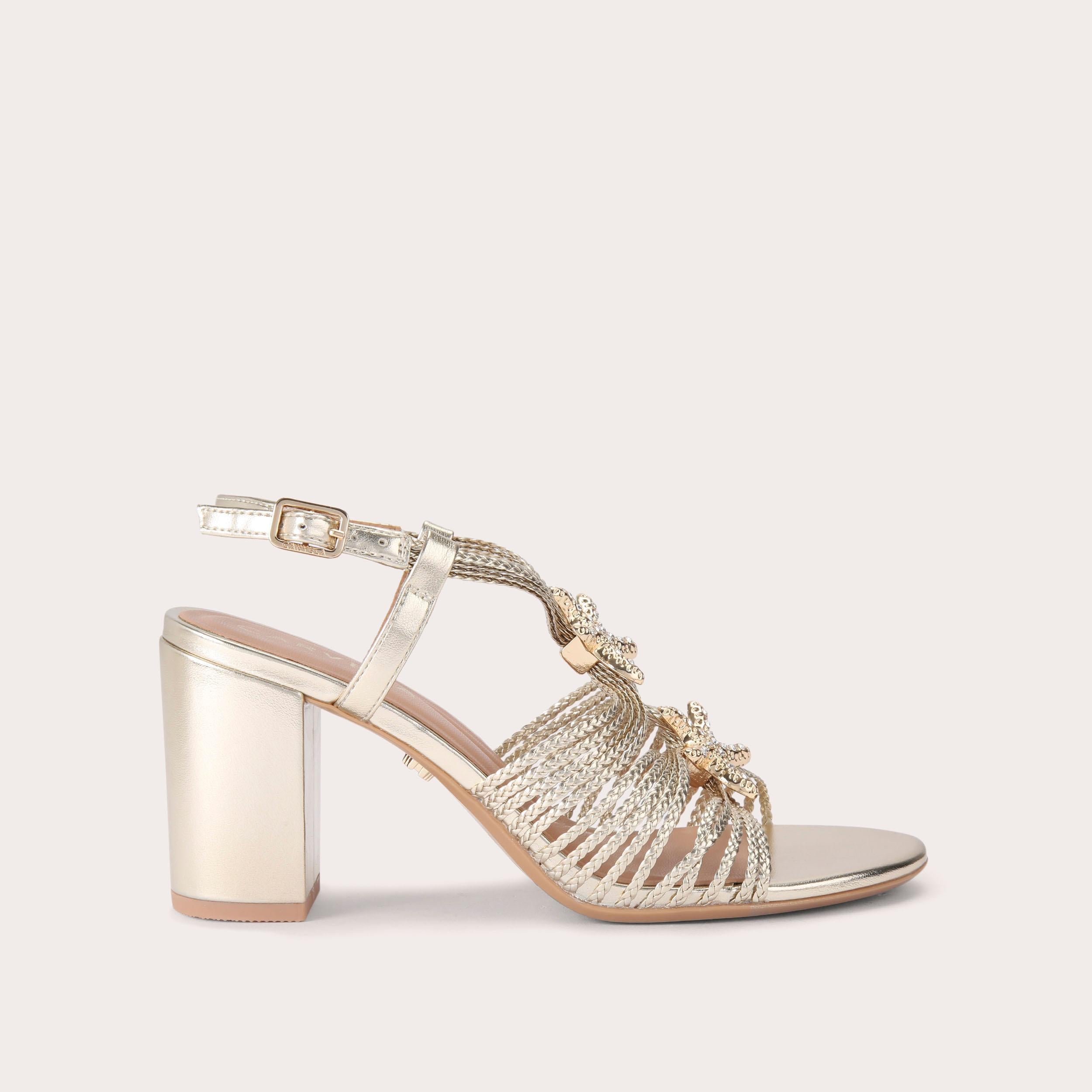 Marina Block Heel — Gold Braided Strap Sandal, side profile