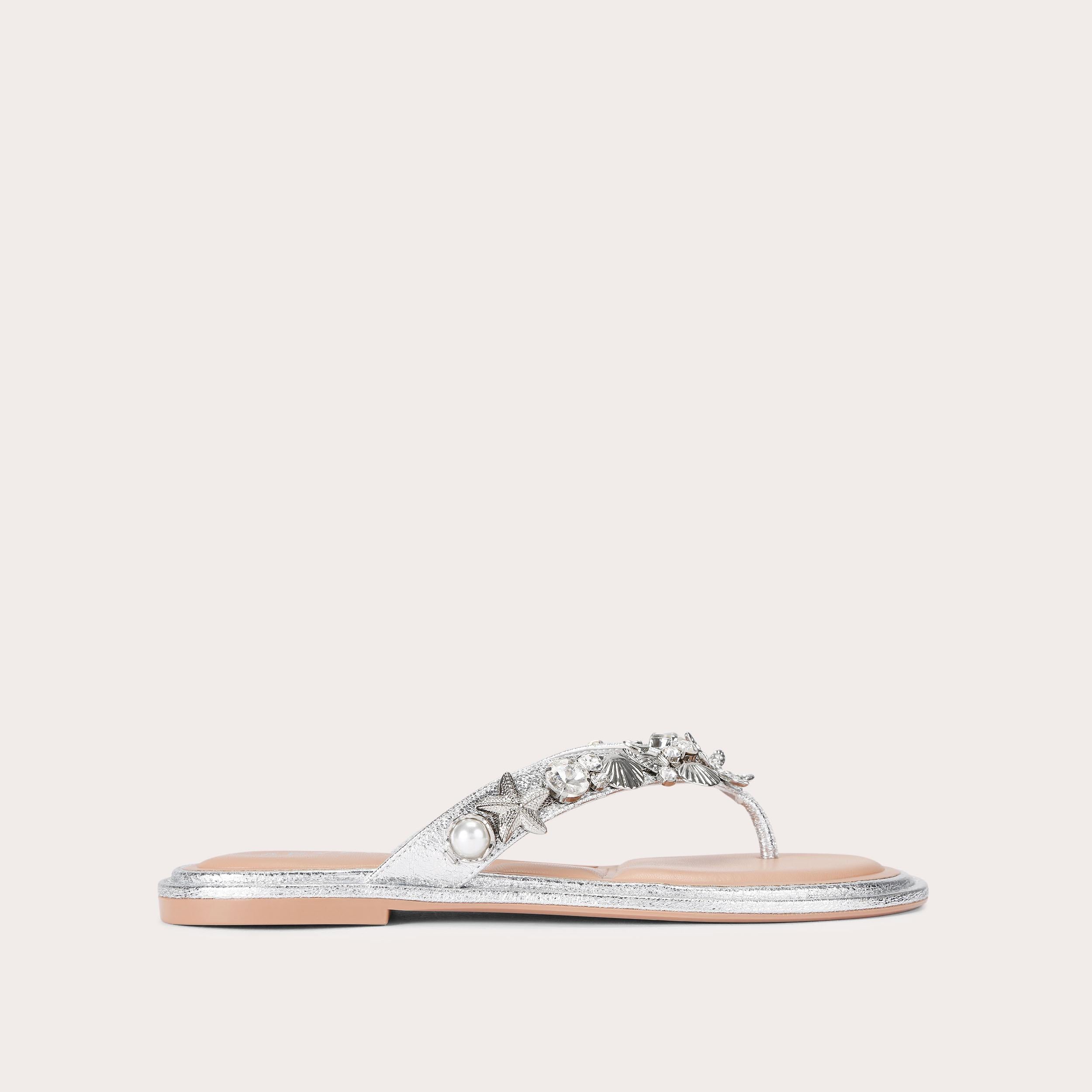 Marina Flat Sandal — Silver Metallic Toe-Post Sandal, side profile