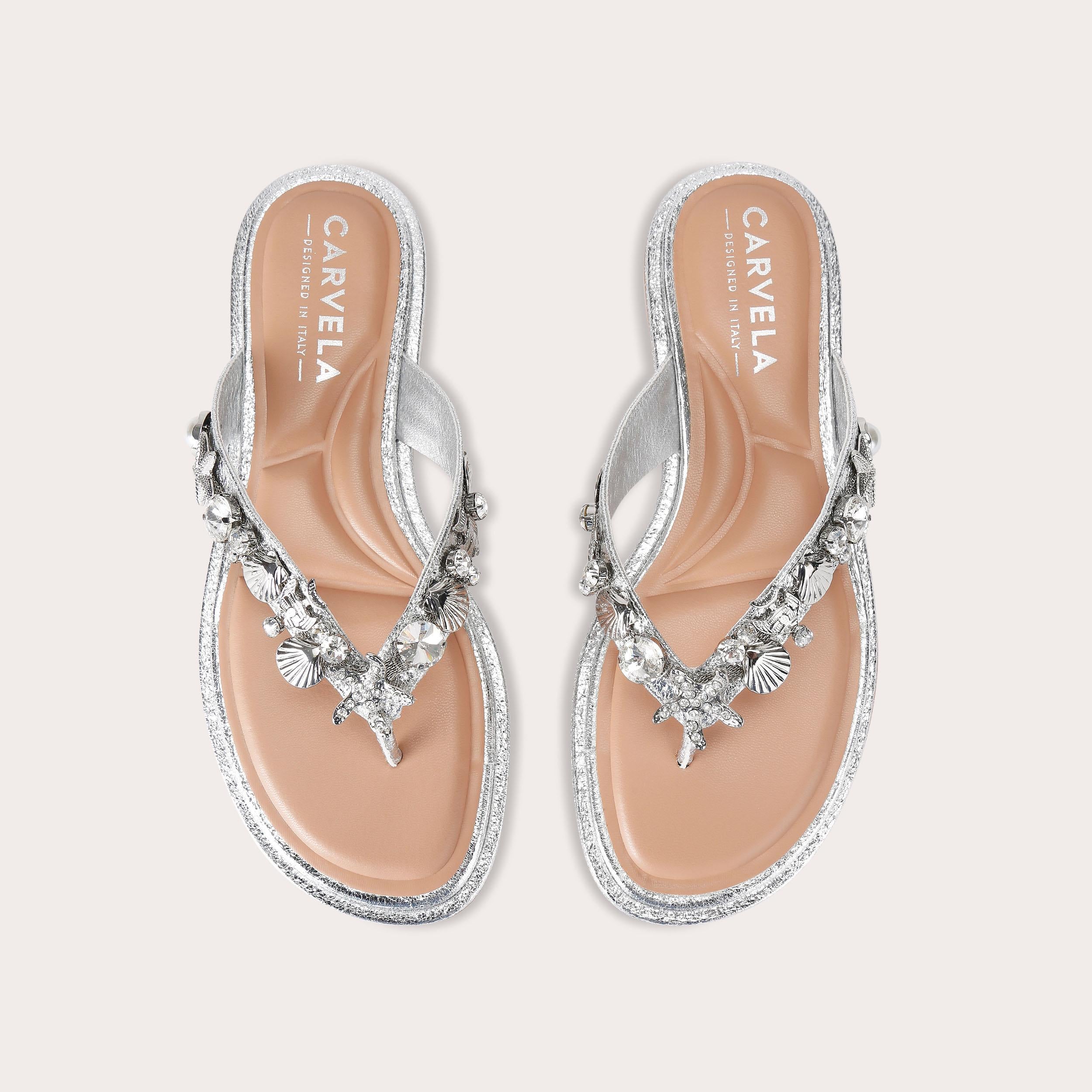 Marina Flat Sandal — Silver Metallic Toe-Post Sandal, view 4