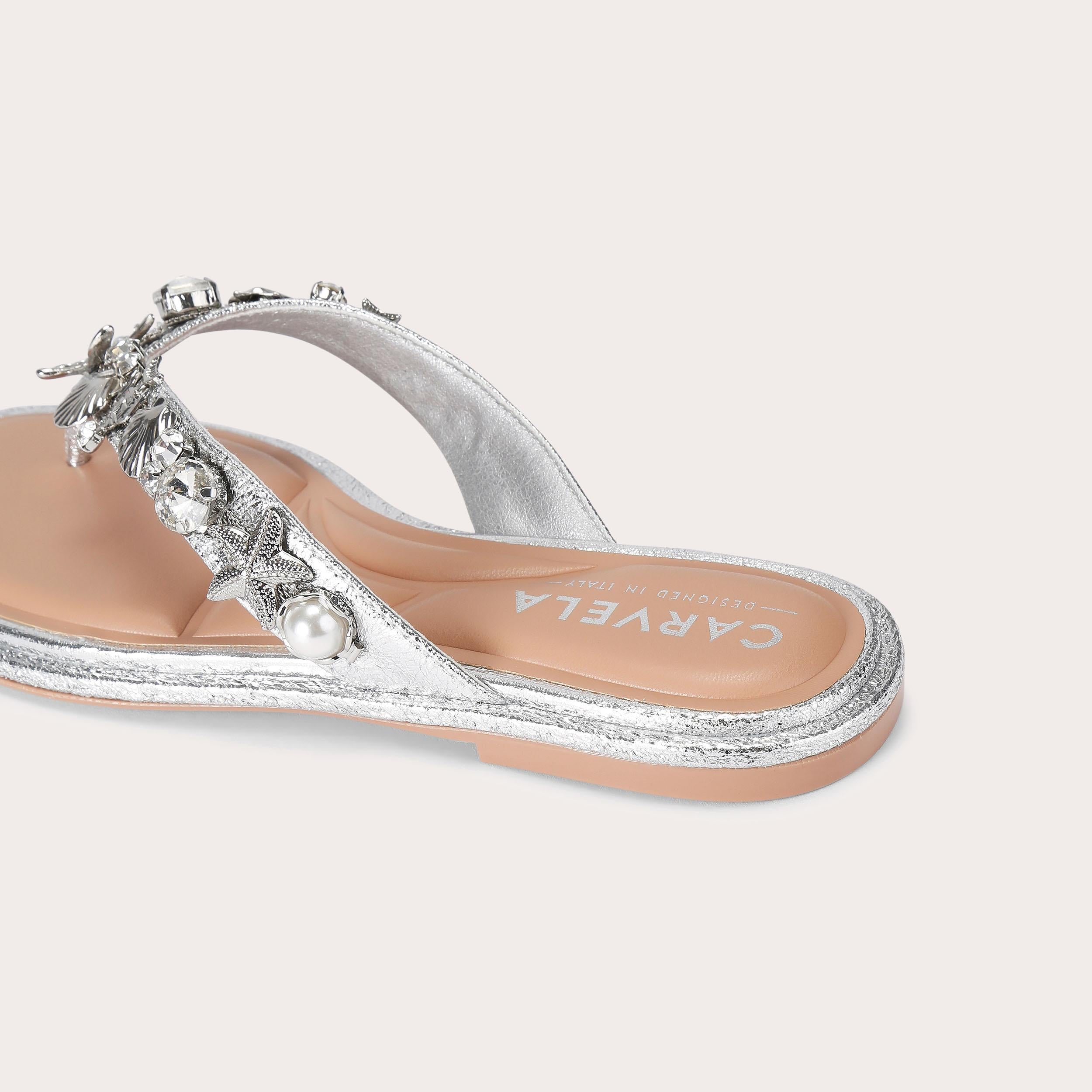 Marina Flat Sandal — Silver Metallic Toe-Post Sandal, detail