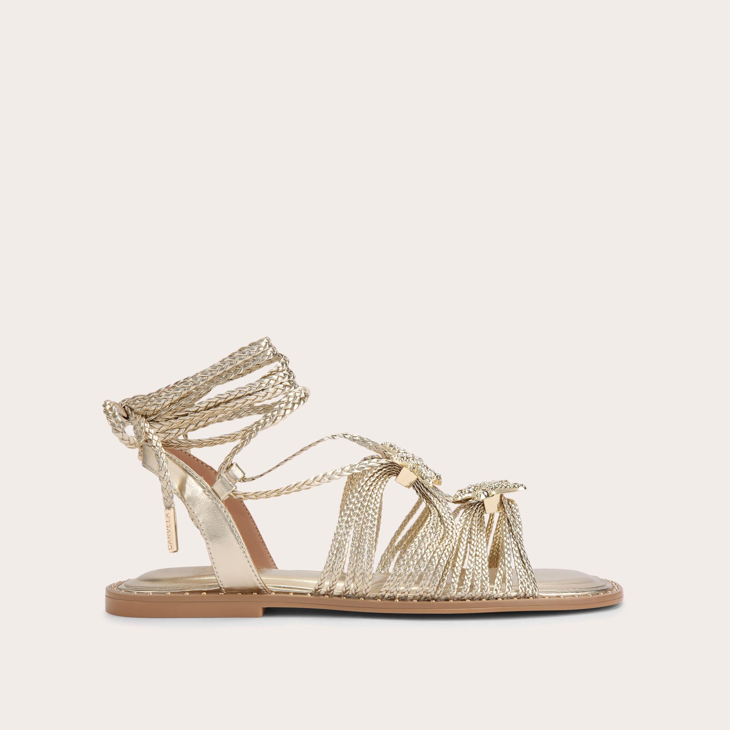 Marina Flat Tie Sandal — Gold Braided Sandal, side profile