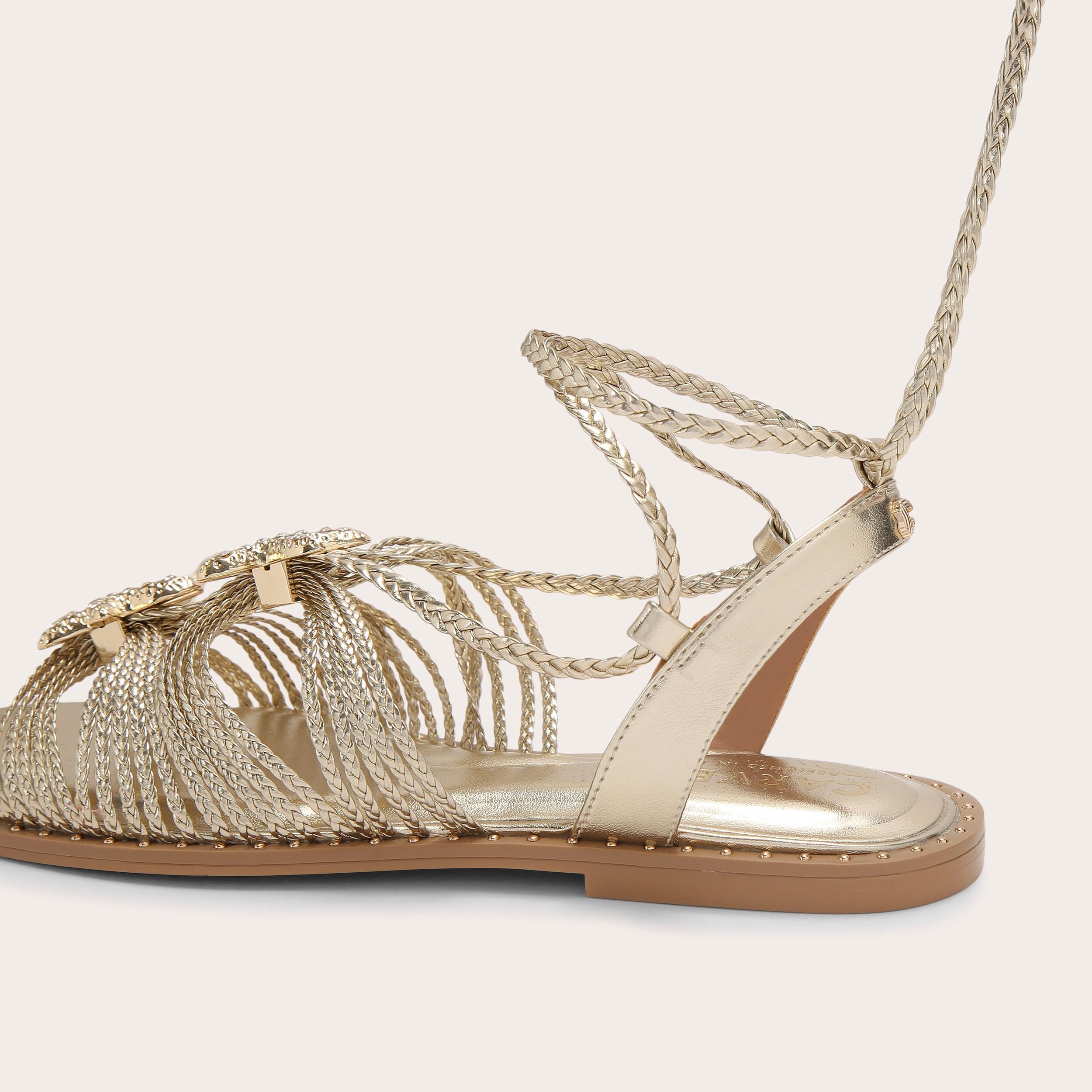 Marina Flat Tie Sandal — Gold Braided Sandal, detail