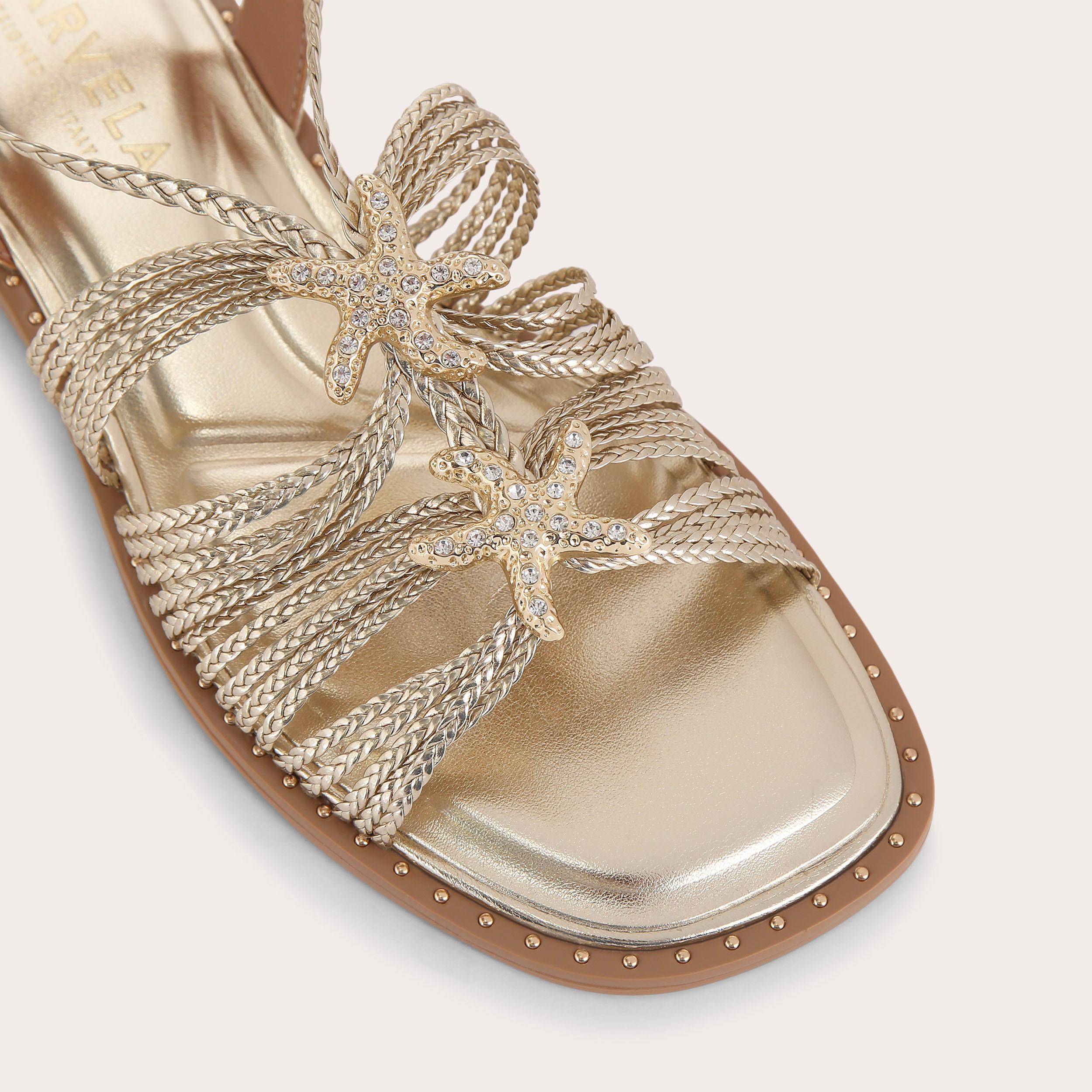 Marina Flat Tie Sandal — Gold Braided Sandal, view 5