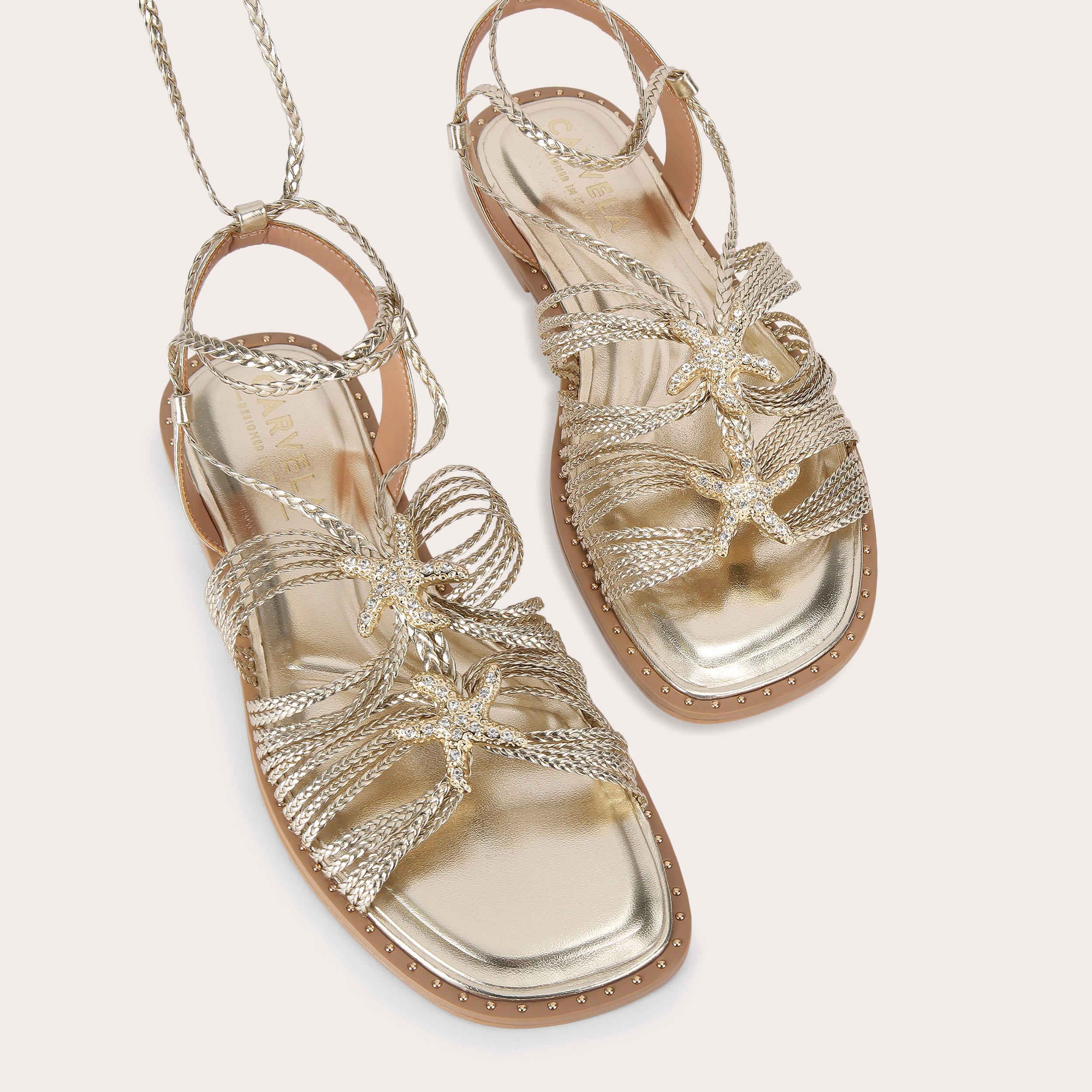 Marina Flat Tie Sandal — Gold Braided Sandal, view 4
