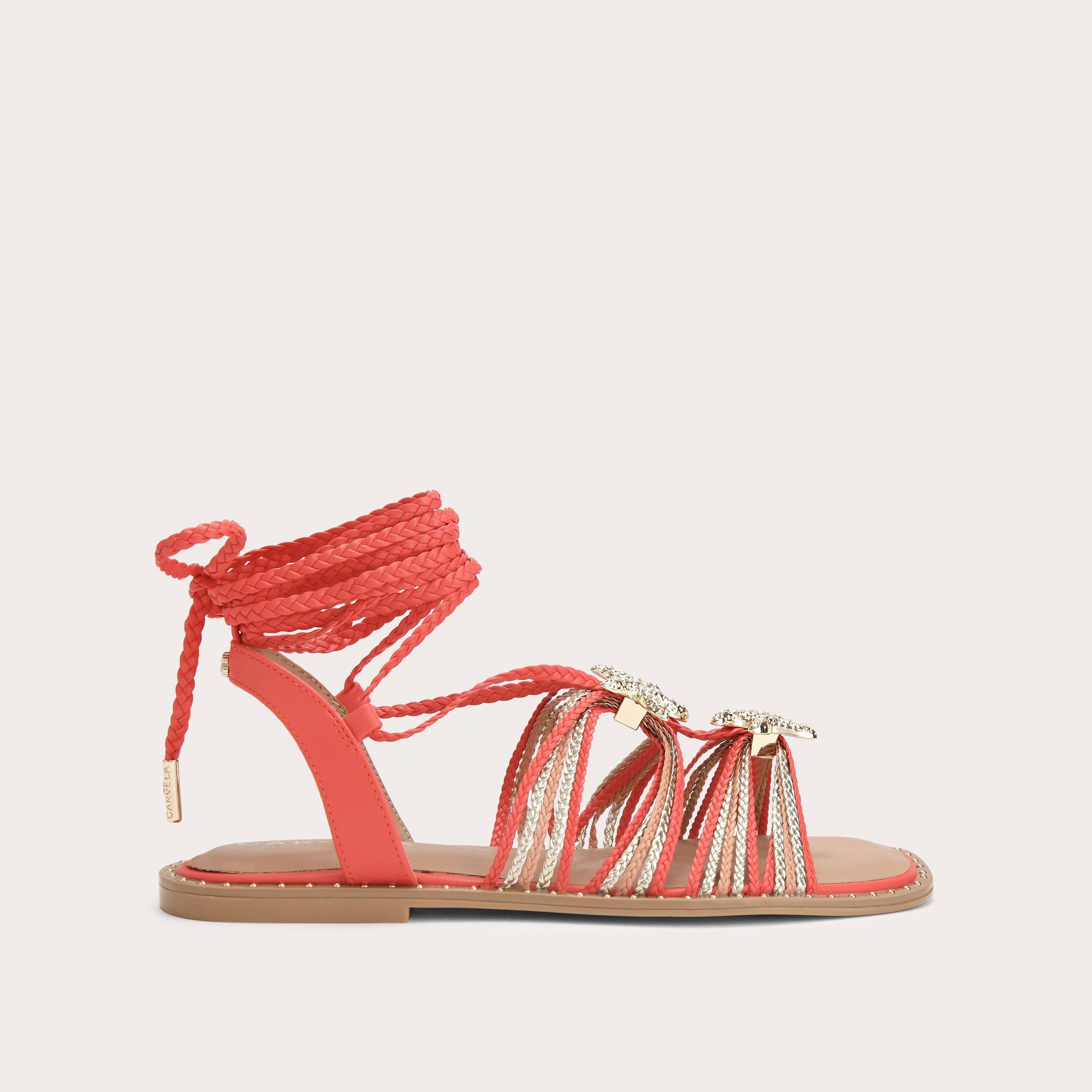 Marina Flat Tie Sandal — Orange Multicolour Braided Sandal, side profile