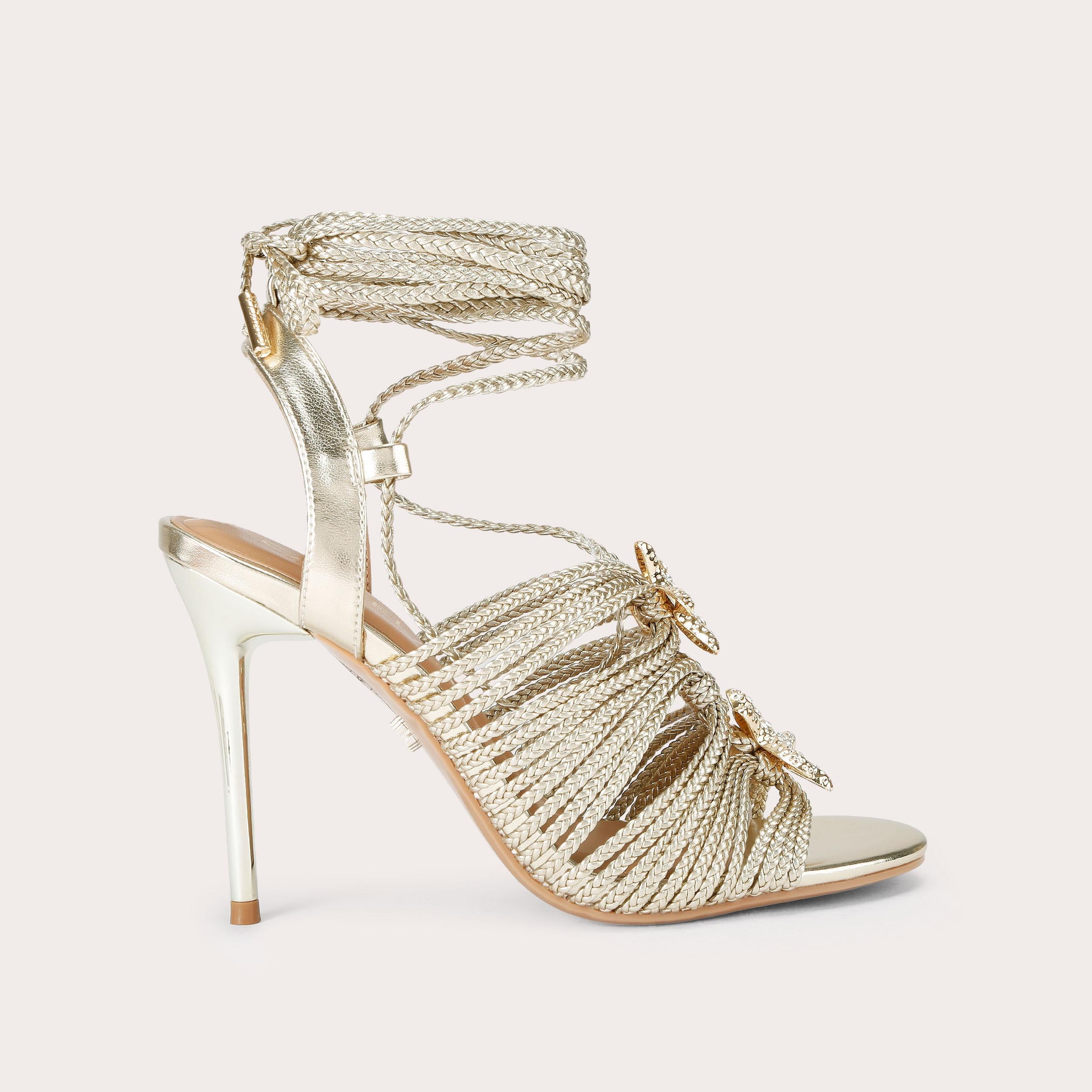 Marina High Tie — Gold Braided Strappy Sandal, side profile