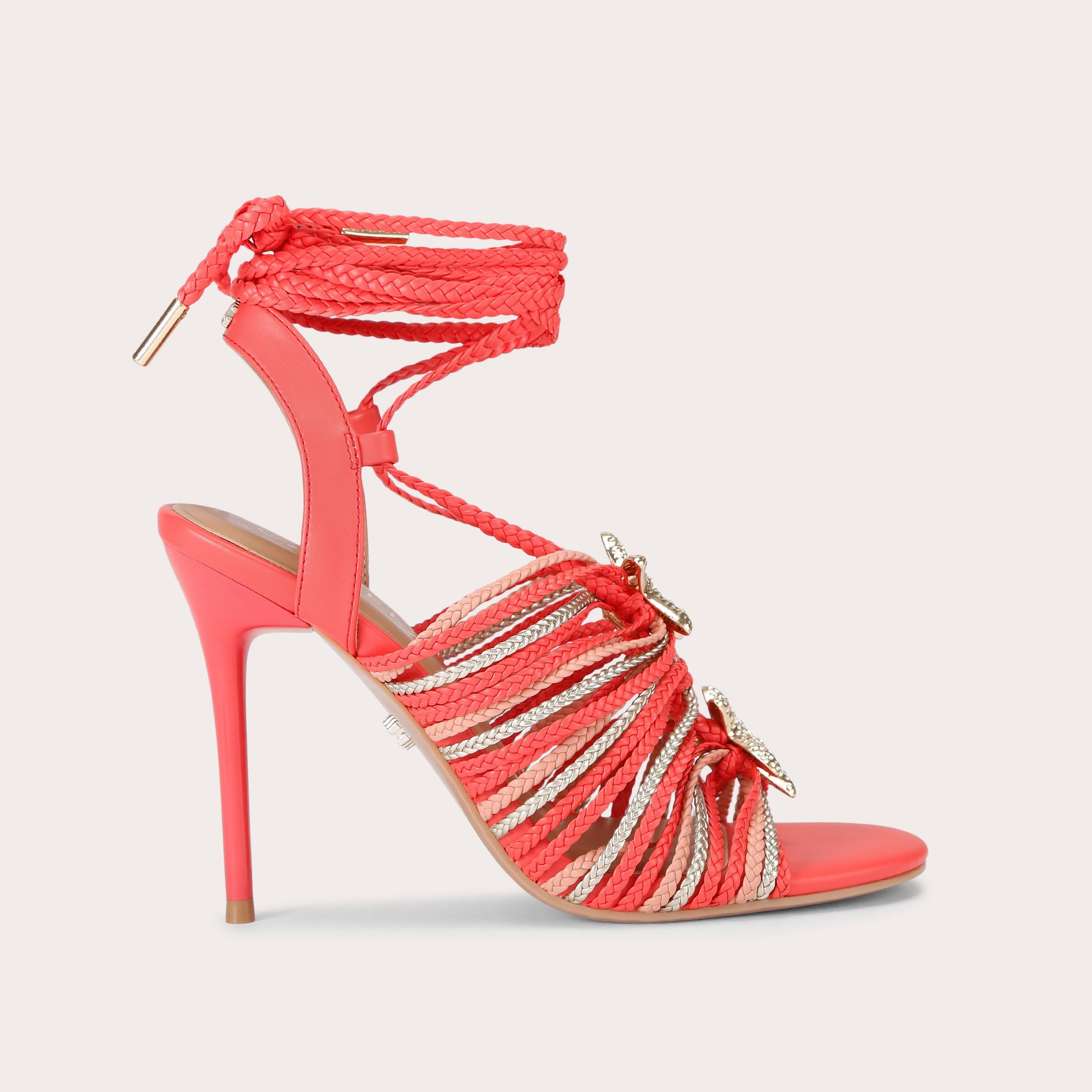 Marina High Tie — Neon Orange Braided Strappy Heel, side profile