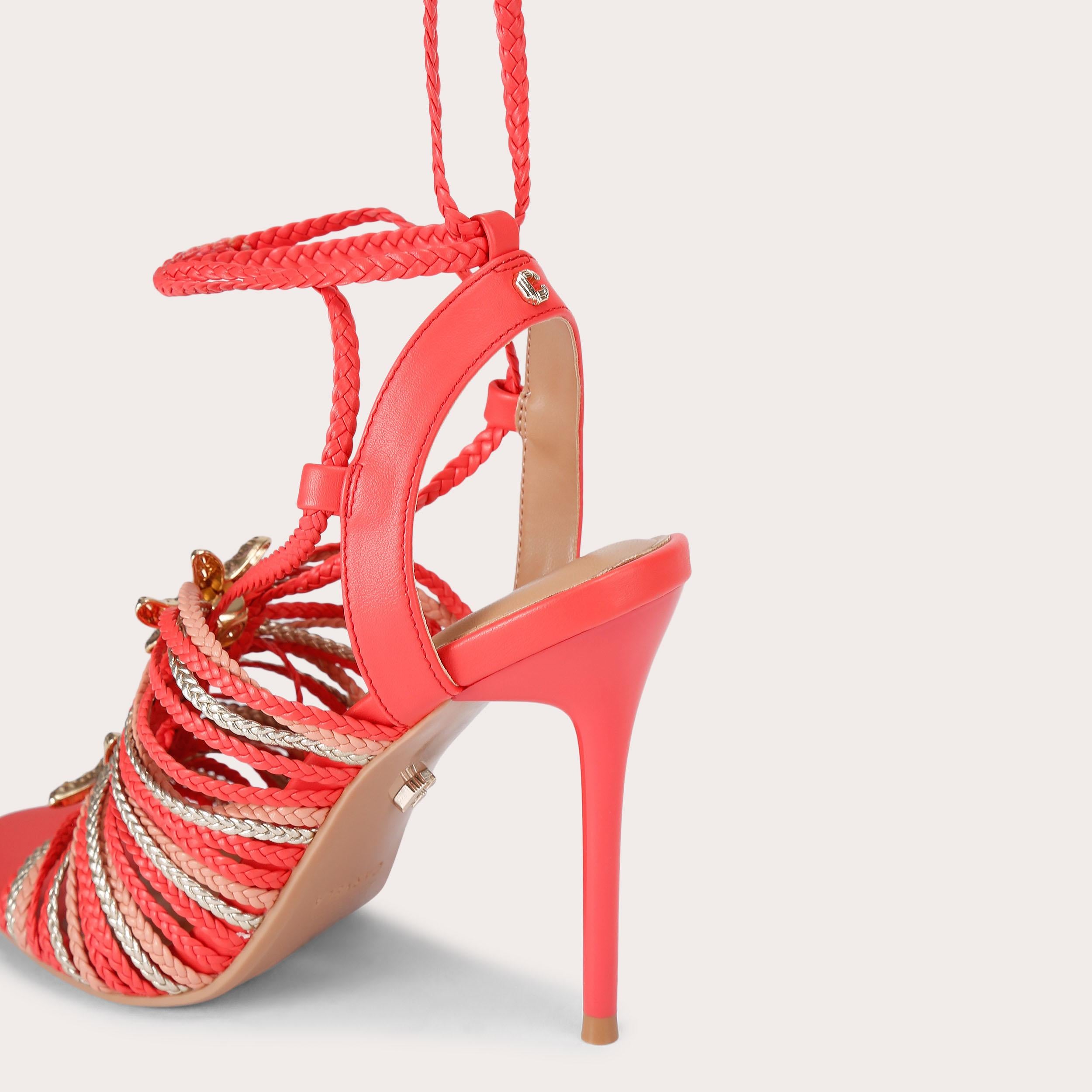 Marina High Tie — Neon Orange Braided Strappy Heel, detail