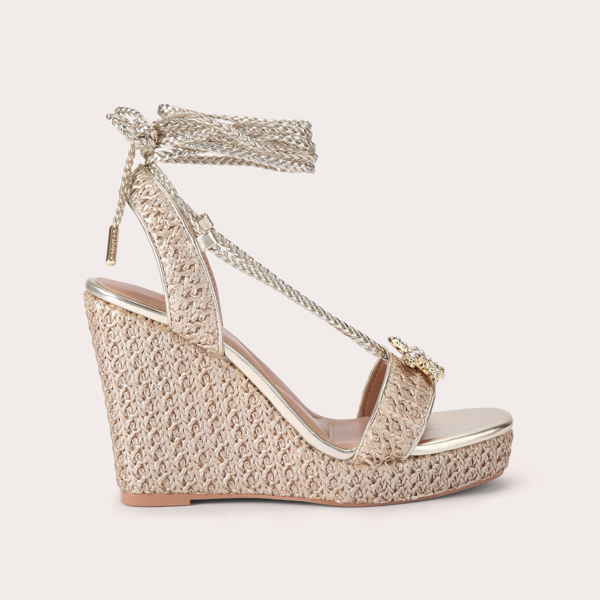 Marina High Wedge — Gold Raffia Wedge Sandal, side profile