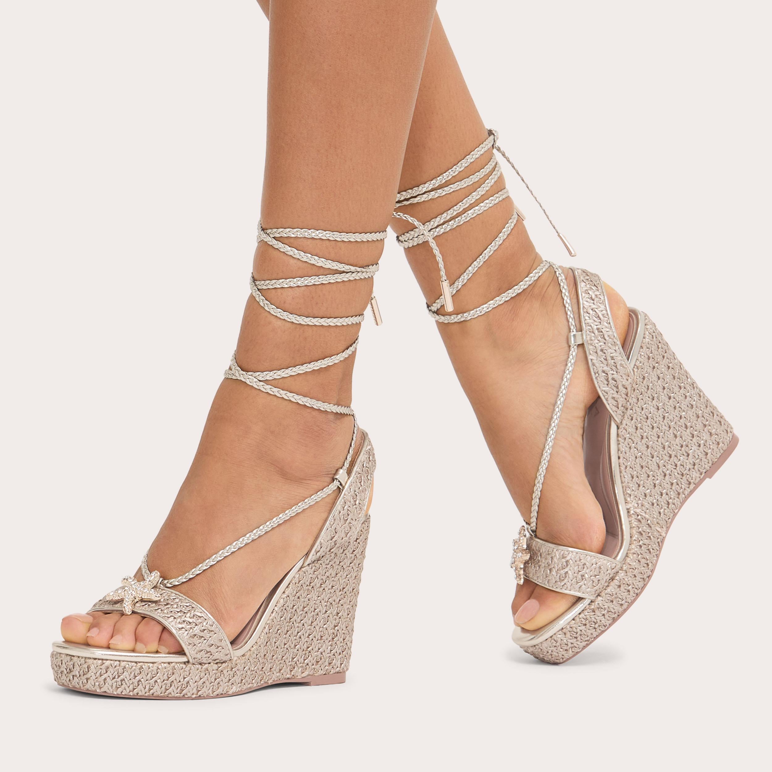 Marina High Wedge — Gold Raffia Wedge Sandal, worn on foot