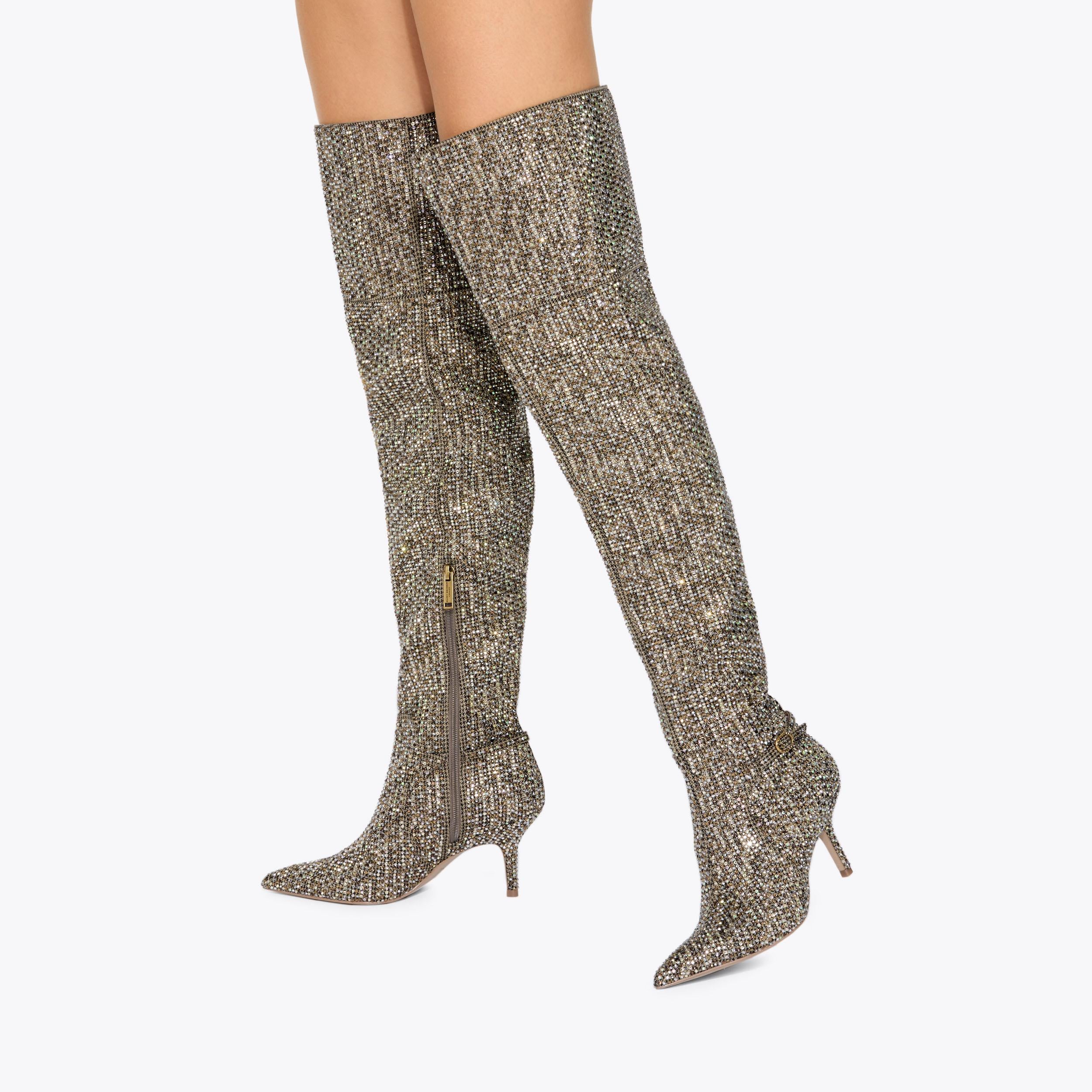 Mayfair Point — Beige Houndstooth Crystal Over The Knee Boot, worn on foot