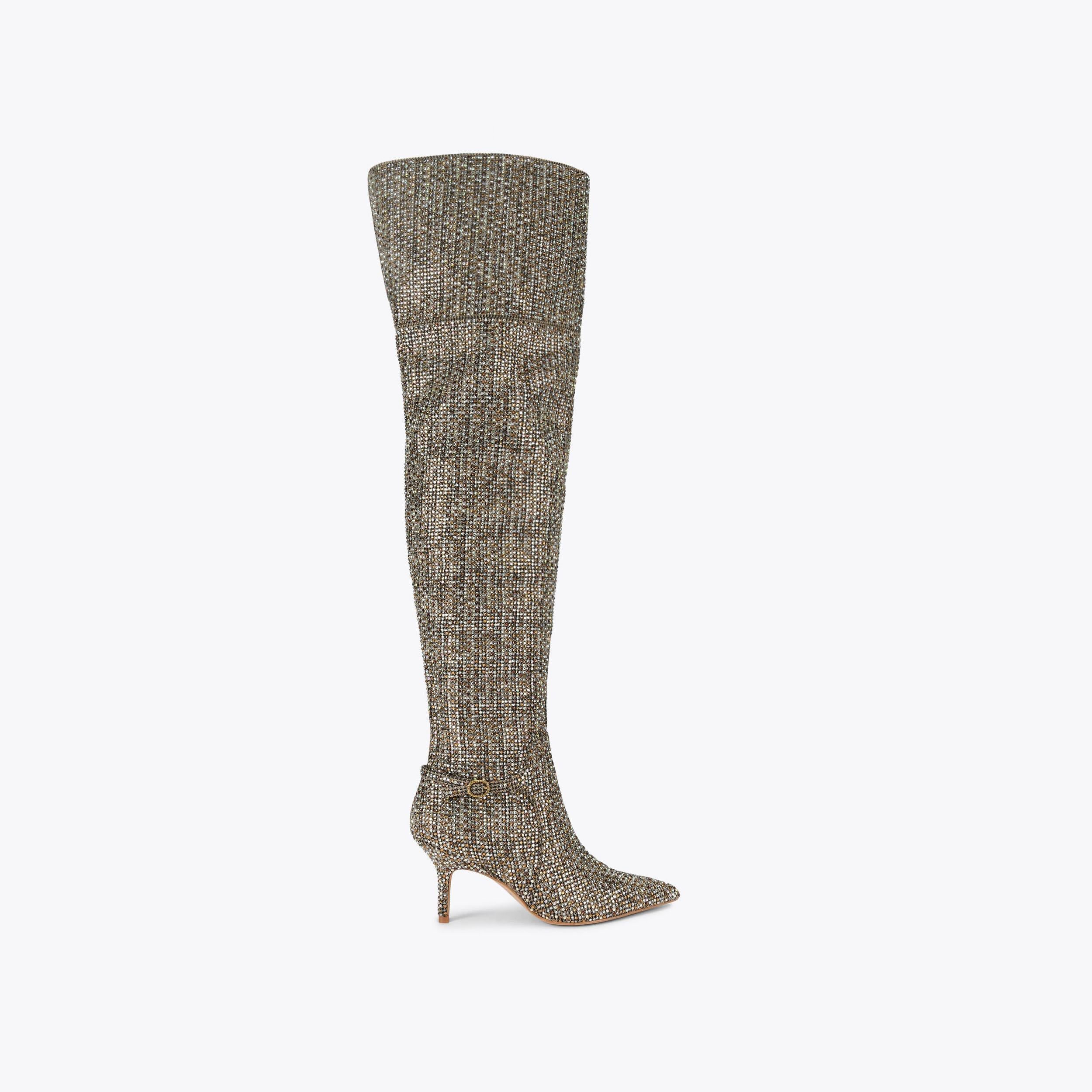 Mayfair Point — Beige Houndstooth Crystal Over The Knee Boot, side profile