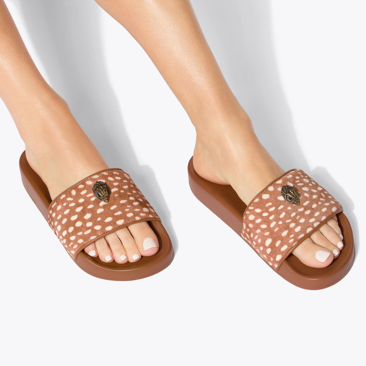 Meena Eagle — Camel Deer Print Slide Sandal, worn on foot