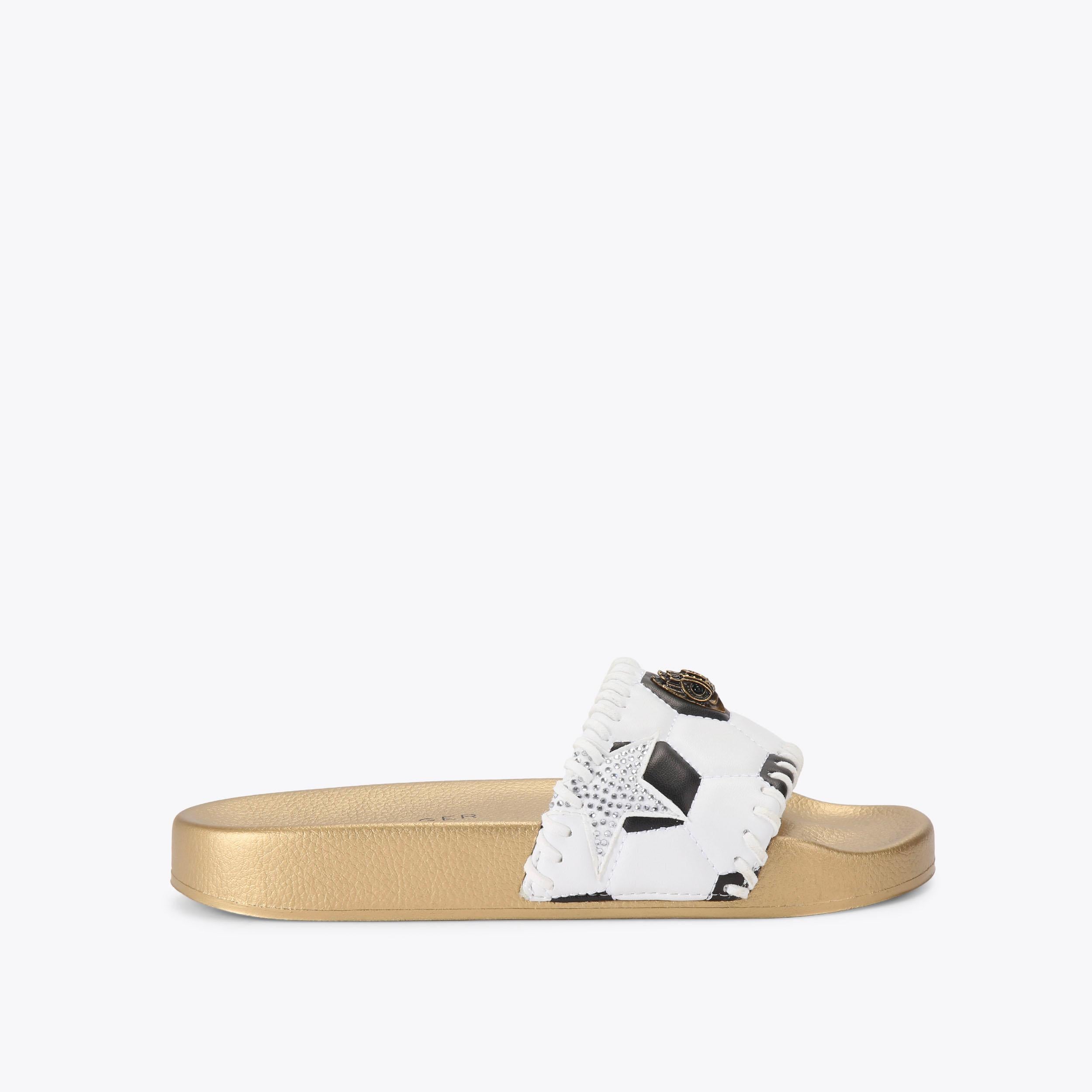 Meena Eagle Footy — White/Black Football-Print Slide, side profile