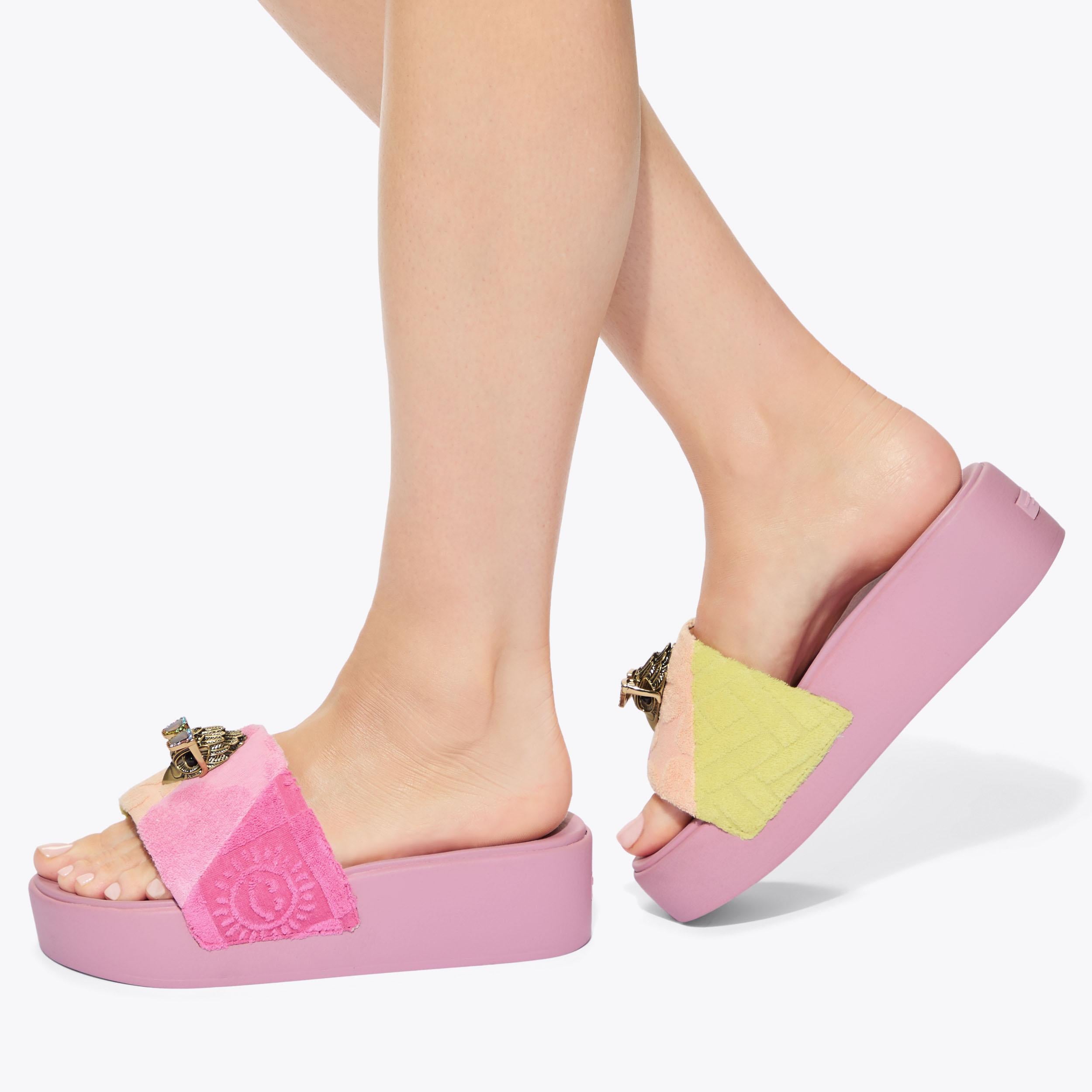 Meena Eagle Platform — Pink Terry Towelling Slide, worn on foot