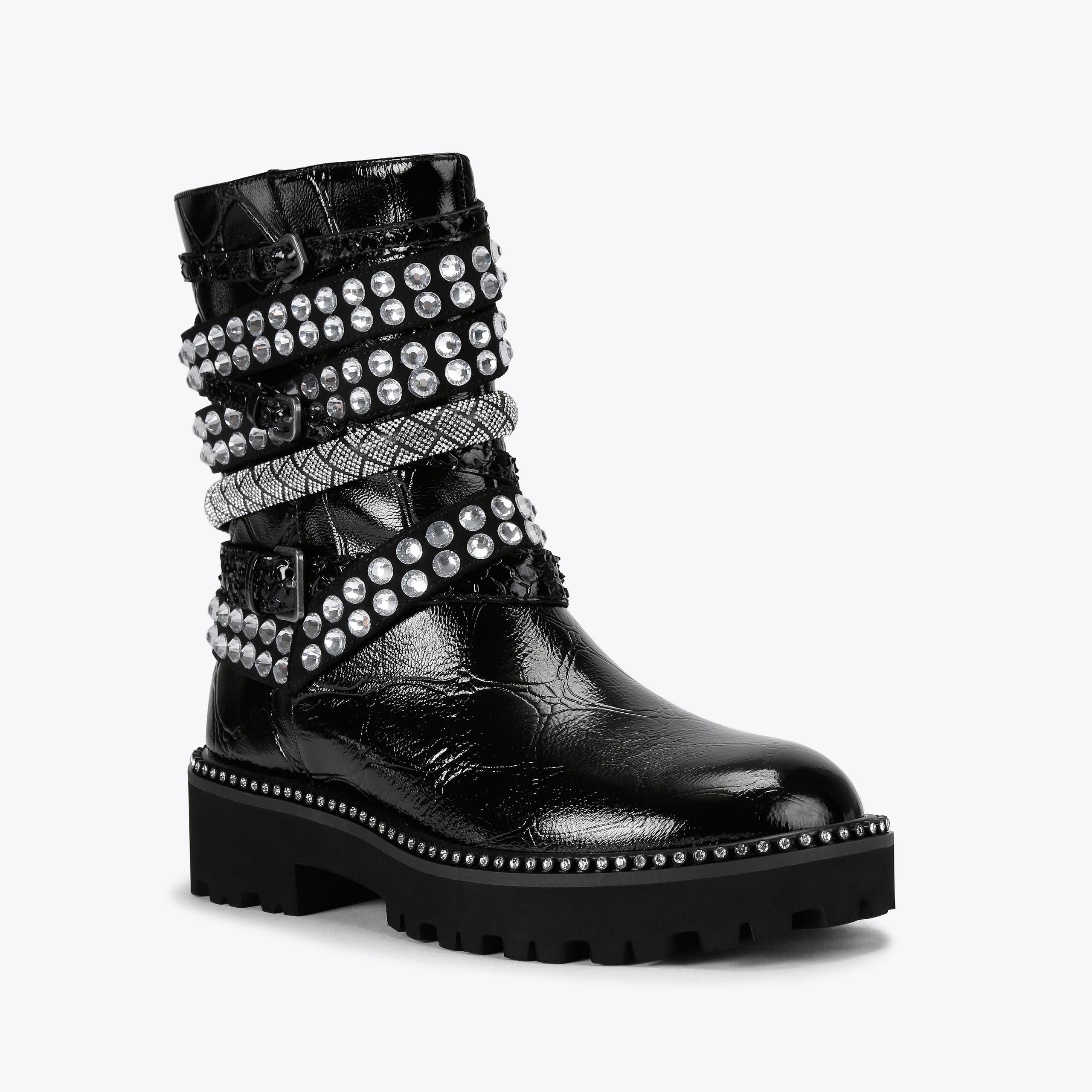 Multi Strap Flat Boot — Black Patent Crystal Boot, view 4
