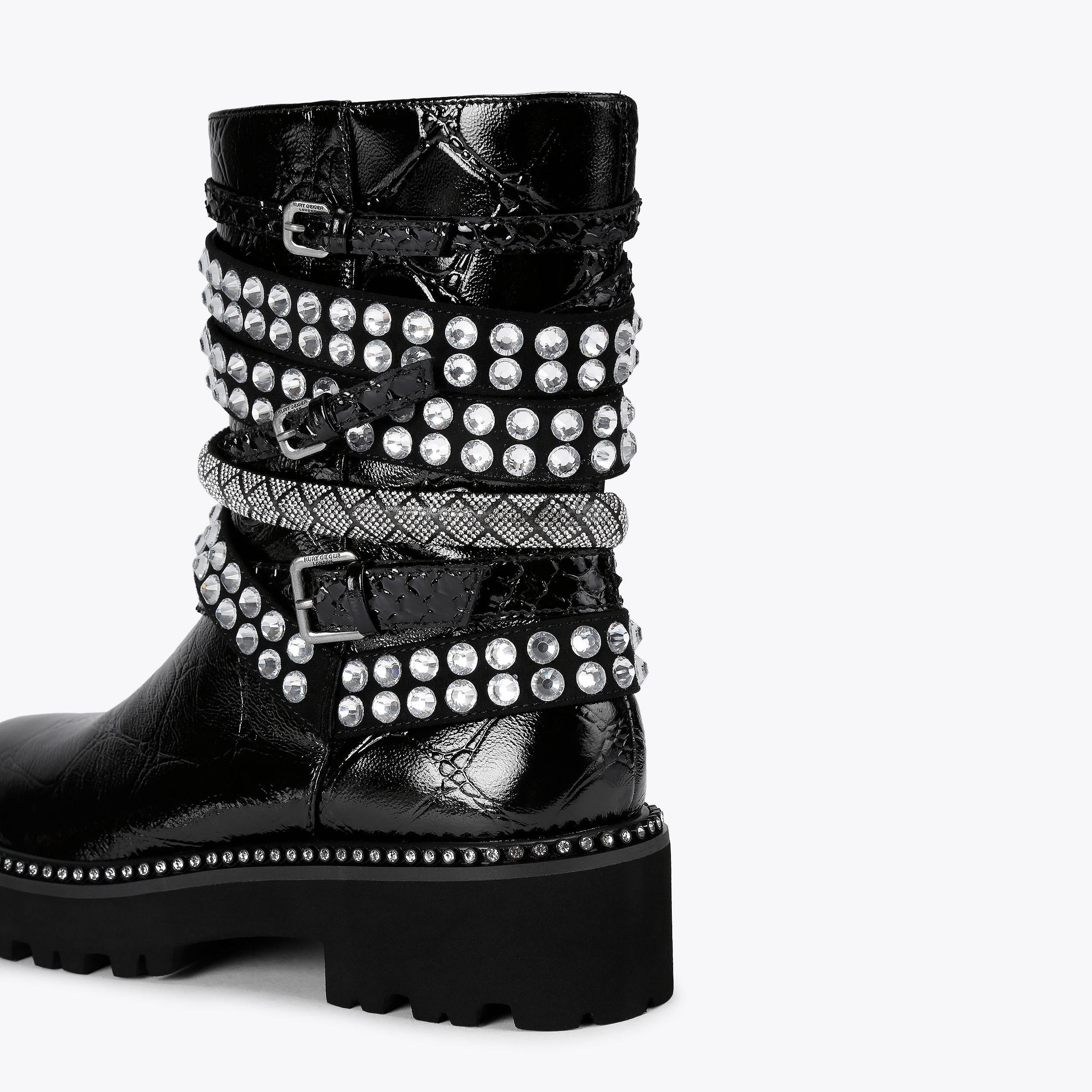 Multi Strap Flat Boot — Black Patent Crystal Boot, detail