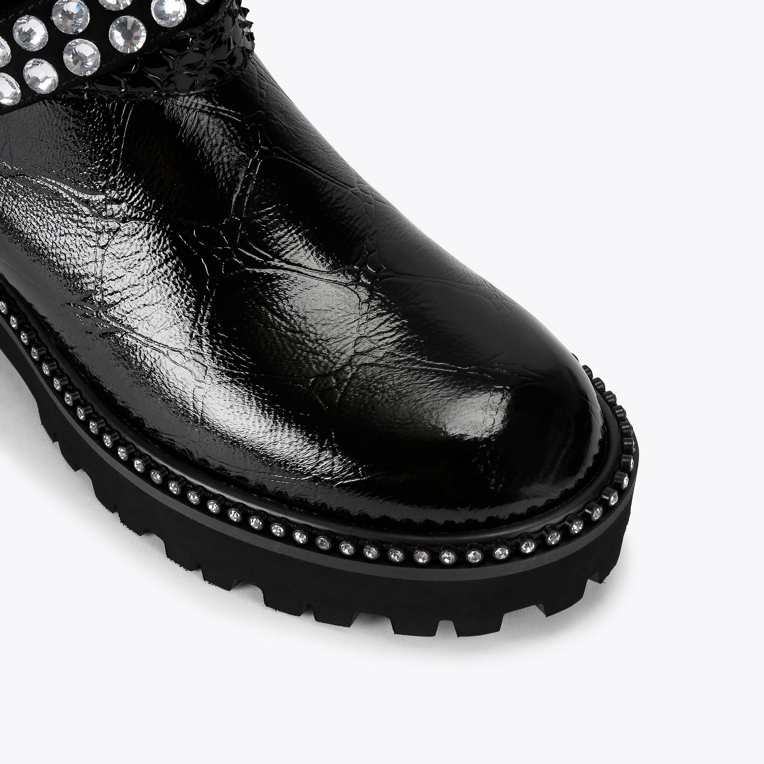 Multi Strap Flat Boot — Black Patent Crystal Boot, view 6