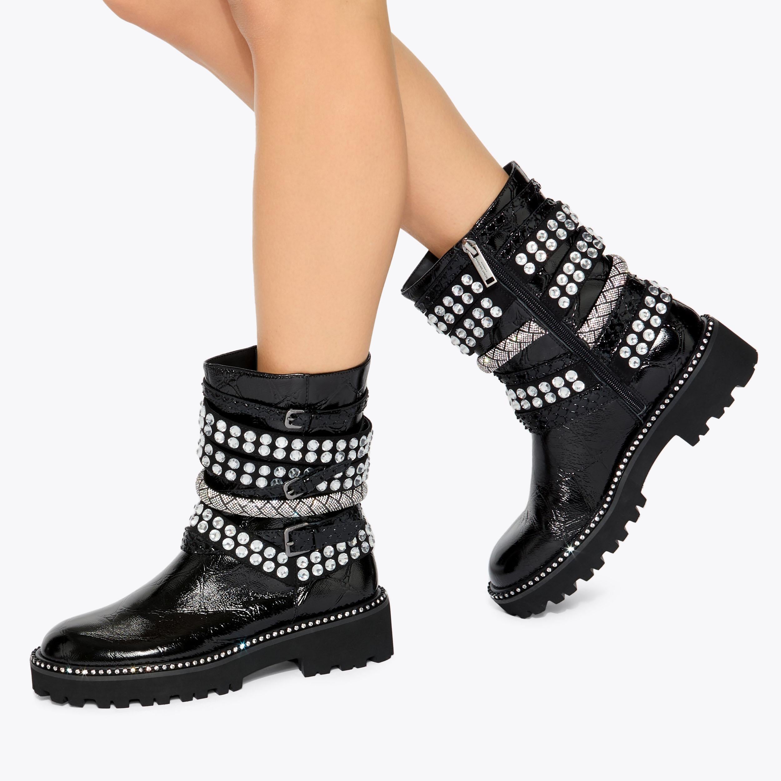 Multi Strap Flat Boot — Black Patent Crystal Boot, worn on foot