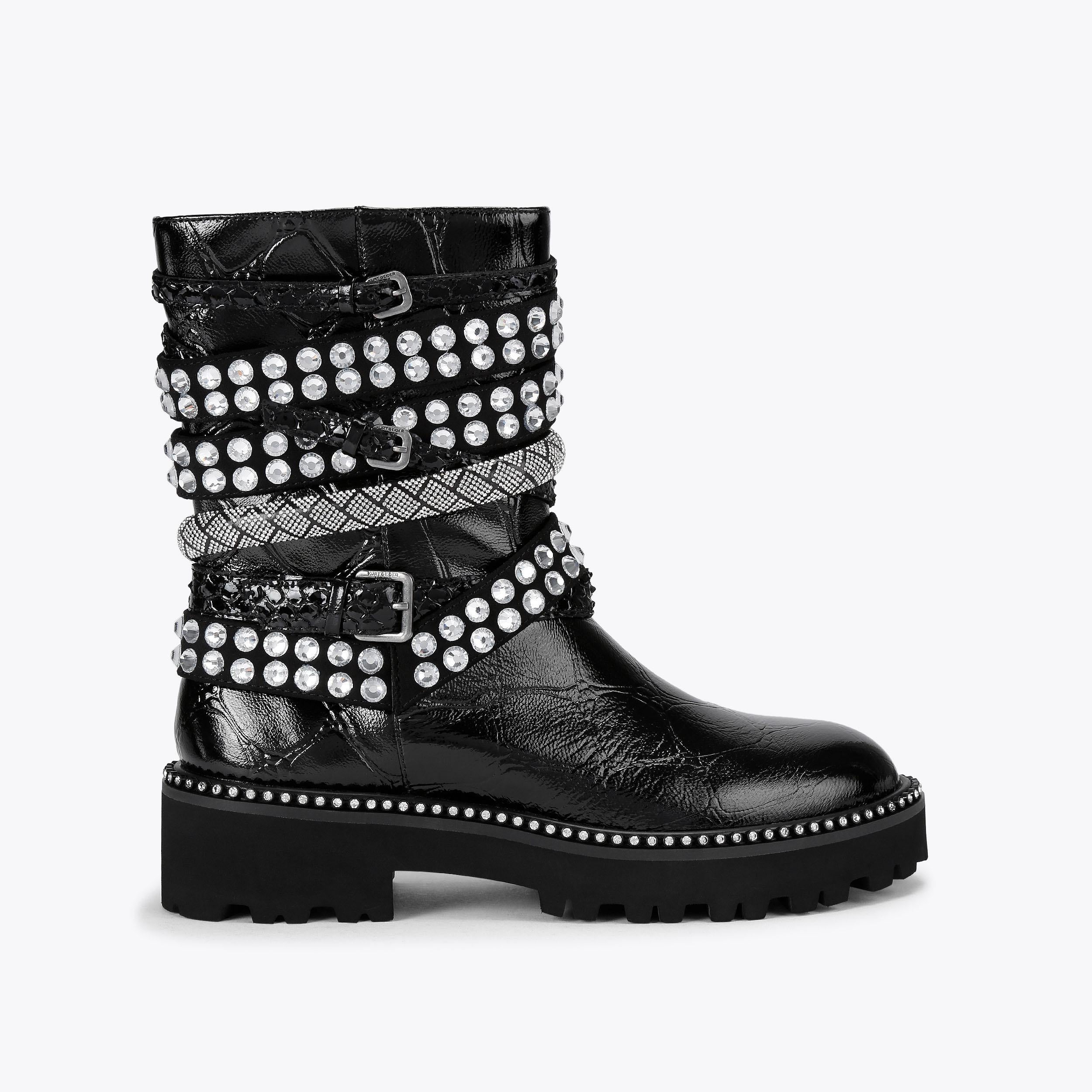 Multi Strap Flat Boot — Black Patent Crystal Boot, side profile
