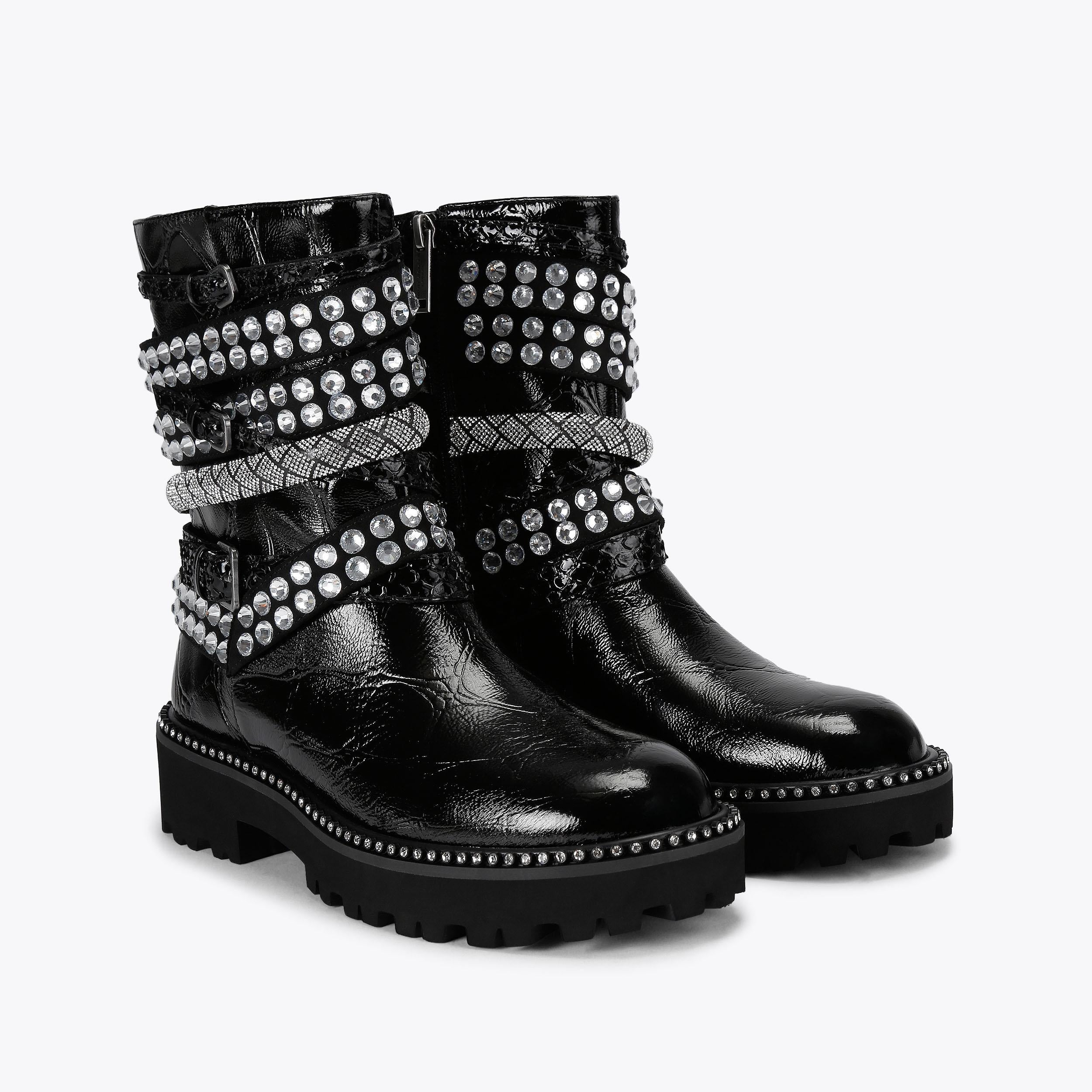 Multi Strap Flat Boot — Black Patent Crystal Boot, view 5