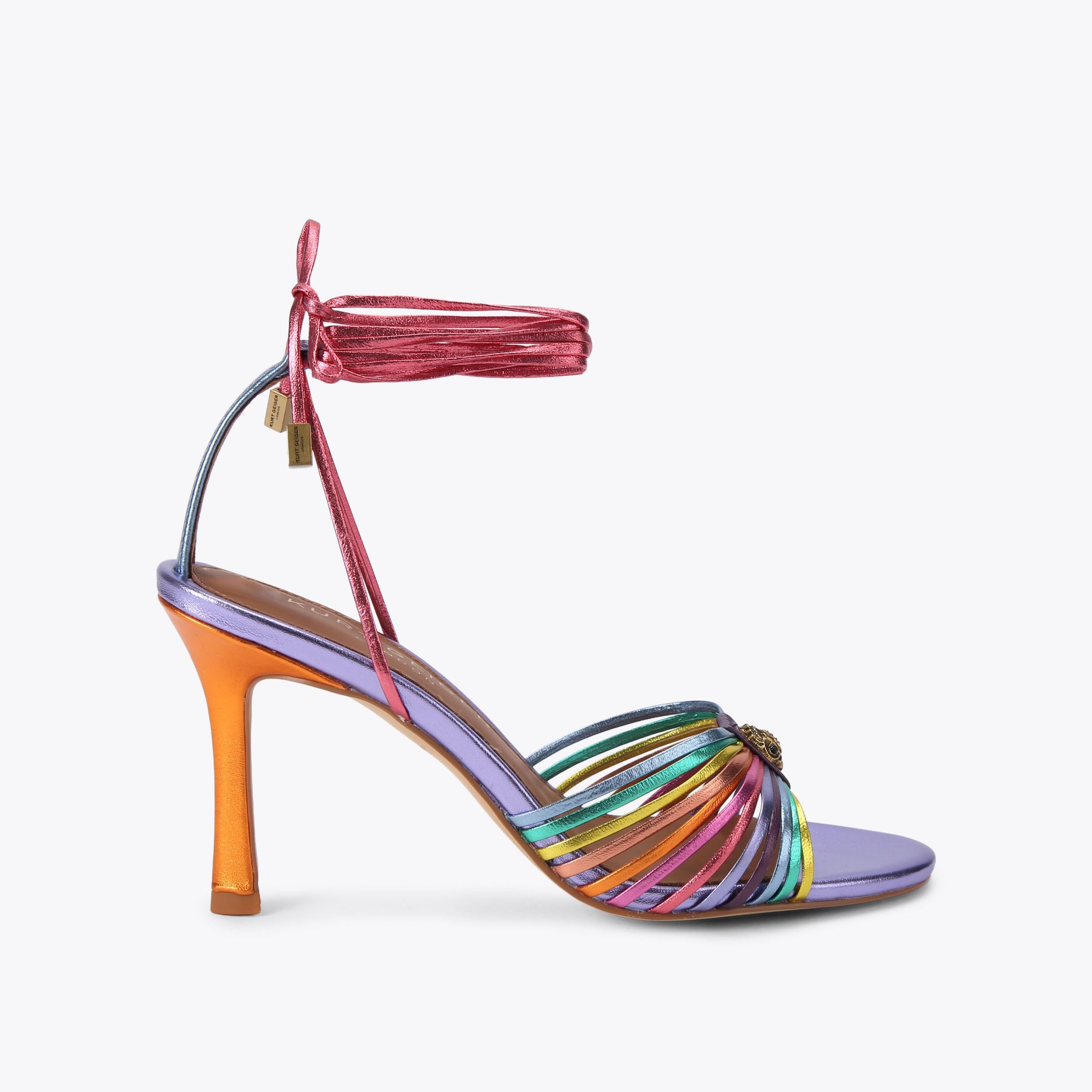 Multi Strap Tie Heel — Multicolour Metallic Leather Sandal, side profile