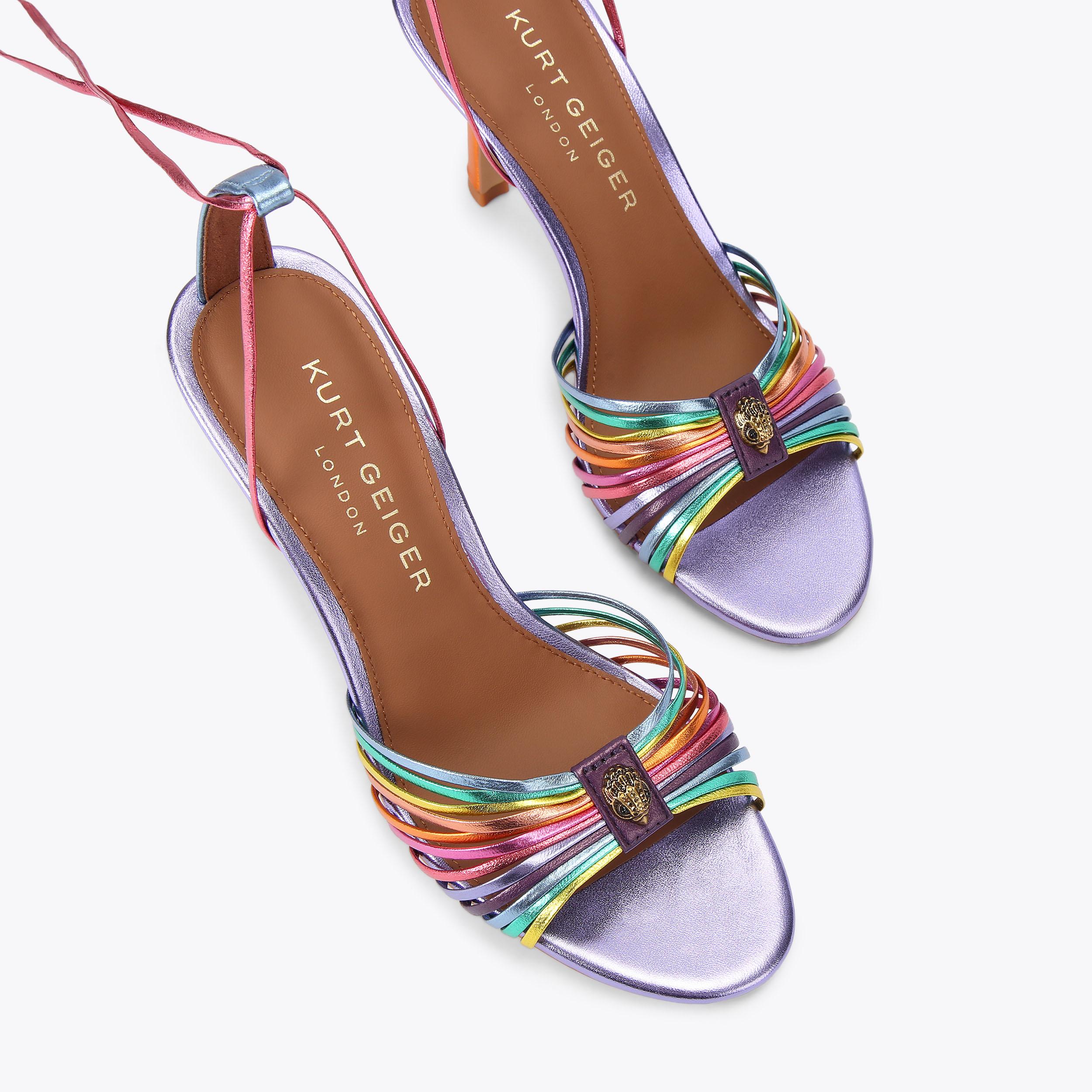 Multi Strap Tie Heel — Multicolour Metallic Leather Sandal, view 4