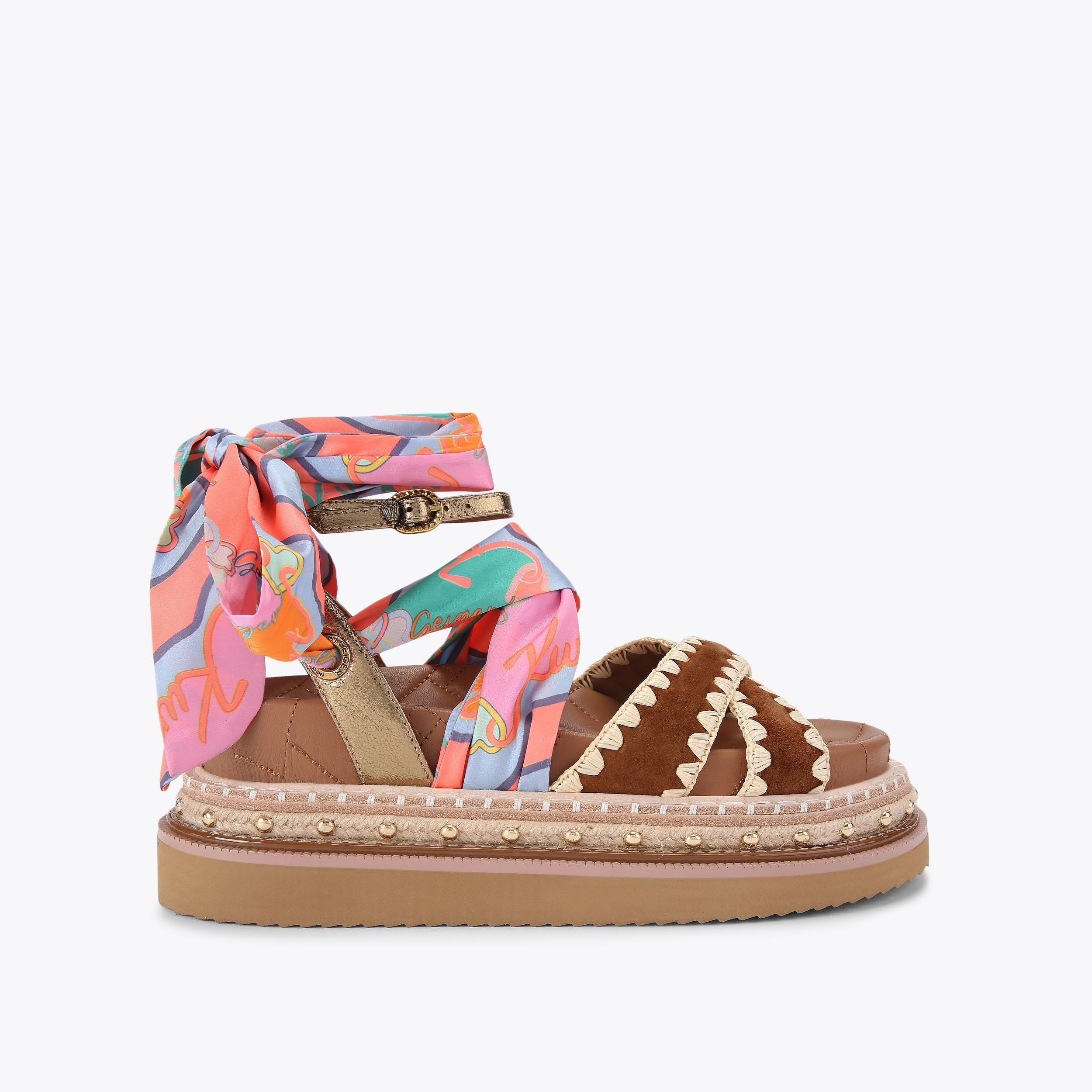 Orson Cross Scarf — Tan Combination Suede Sandal, side profile