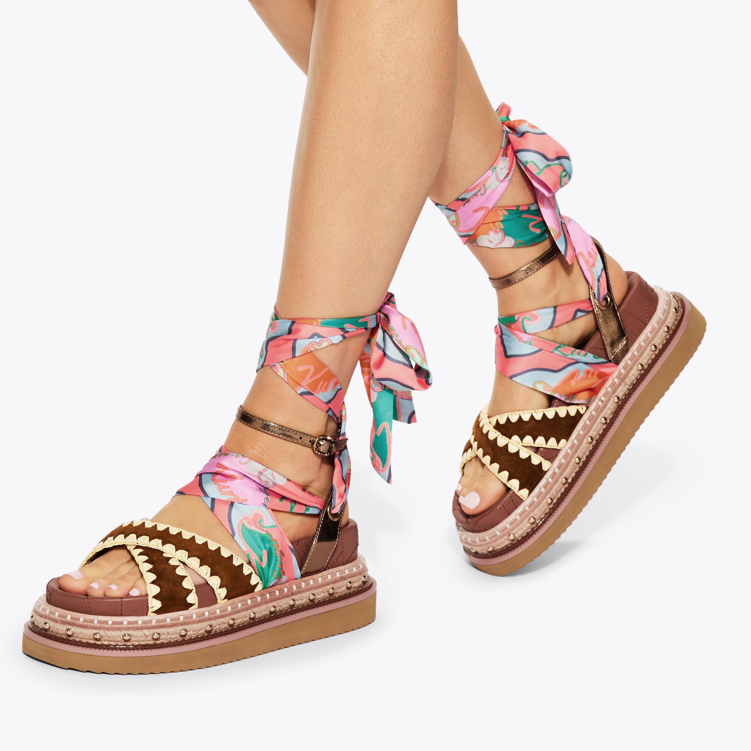 Orson Cross Scarf — Tan Combination Suede Sandal, worn on foot