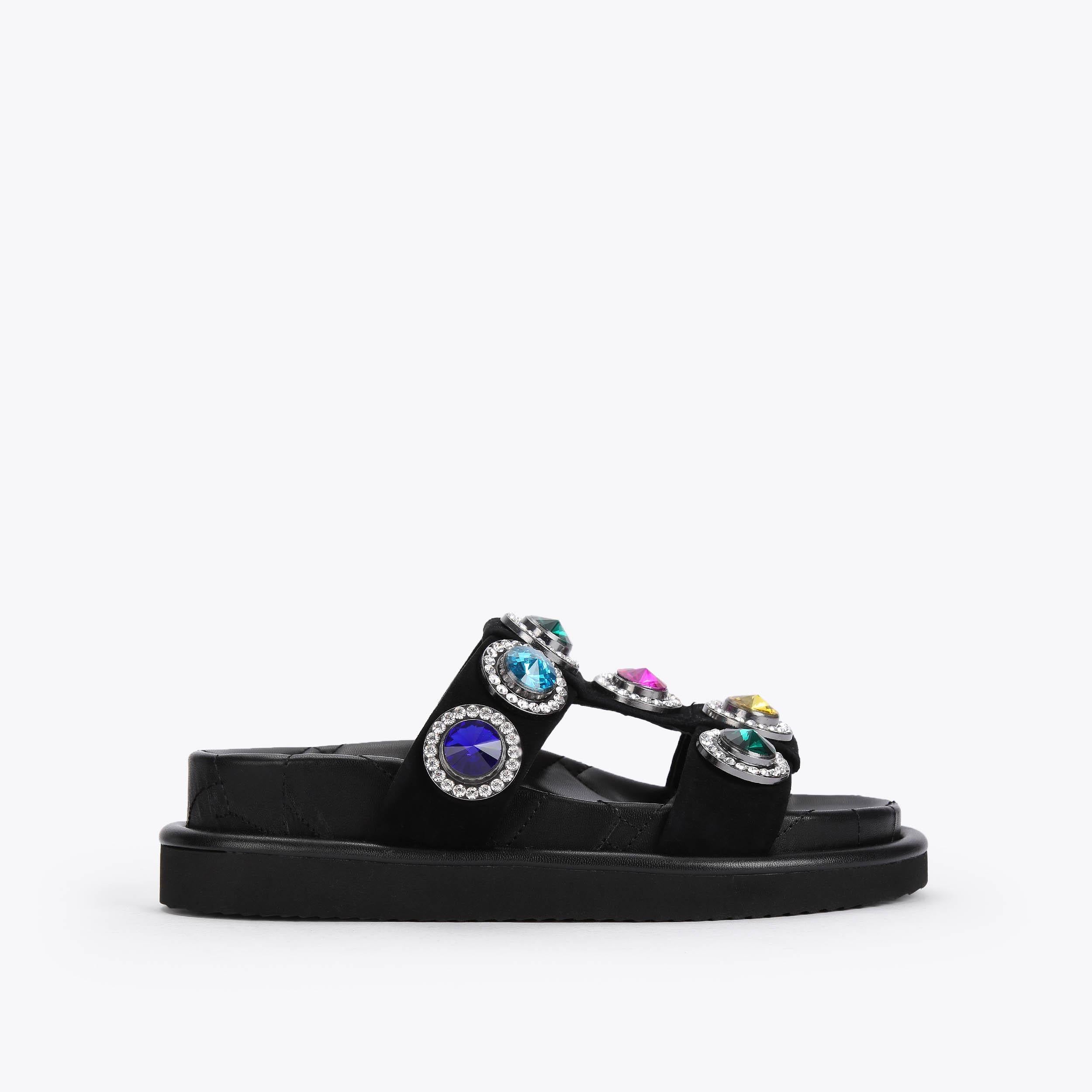 Orson Crystal Sandal — Black Suede Slide, side profile