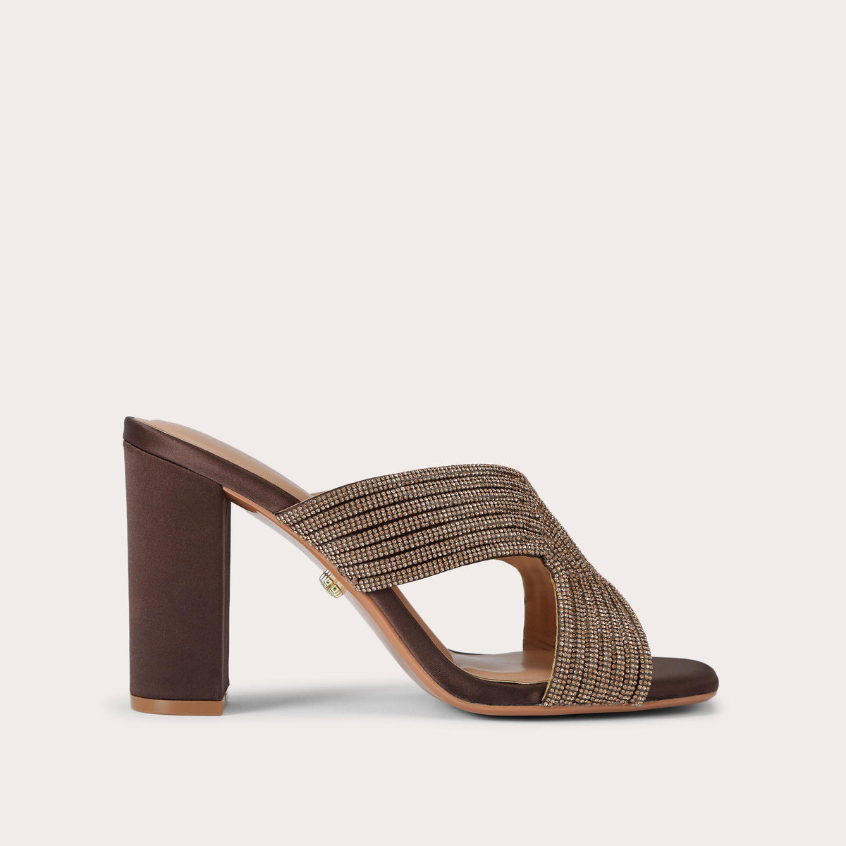 Paparazzi Block Heel — Brown Crystal Sandal, side profile
