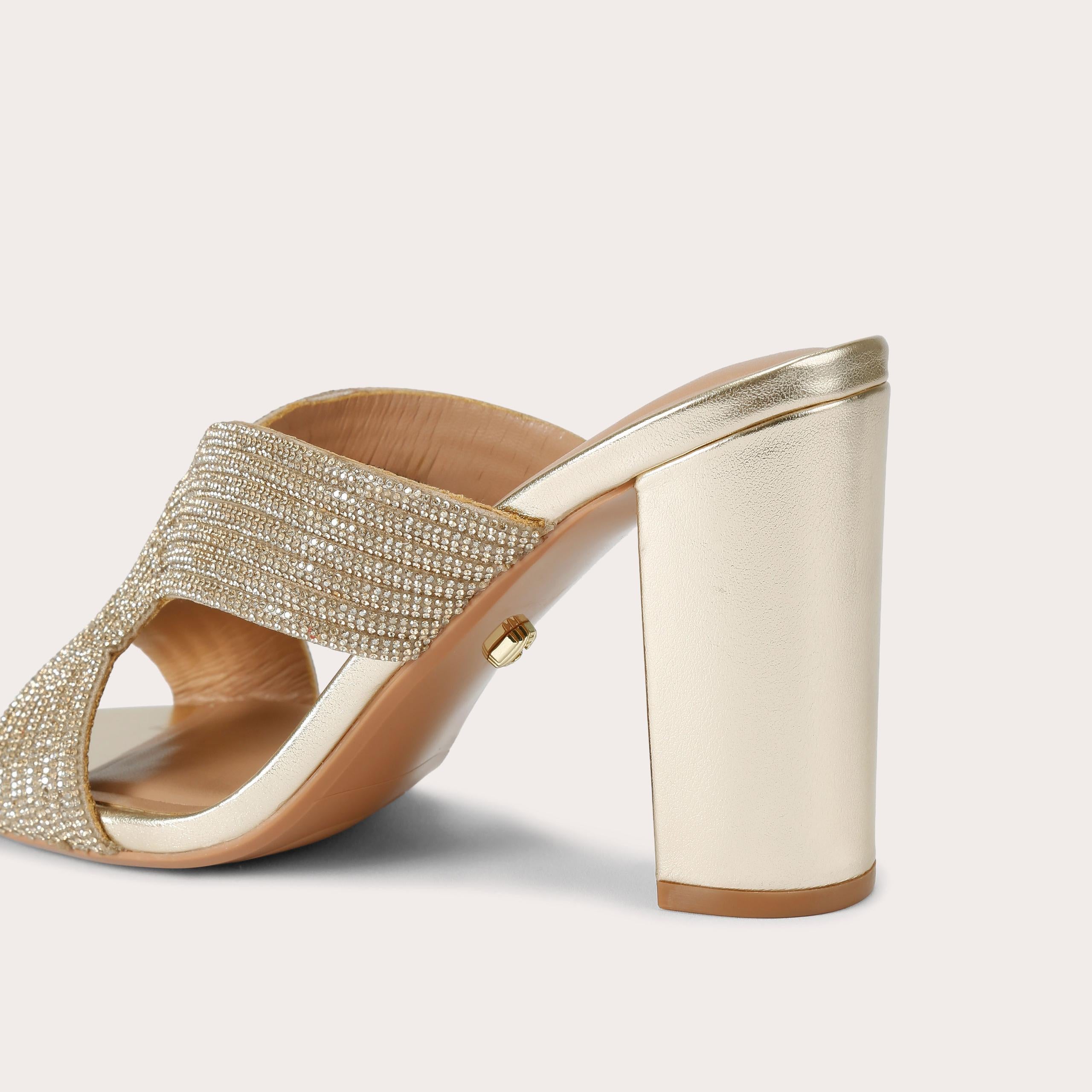 Paparazzi Block Heel — Metallic Gold Crystal Sandal, detail