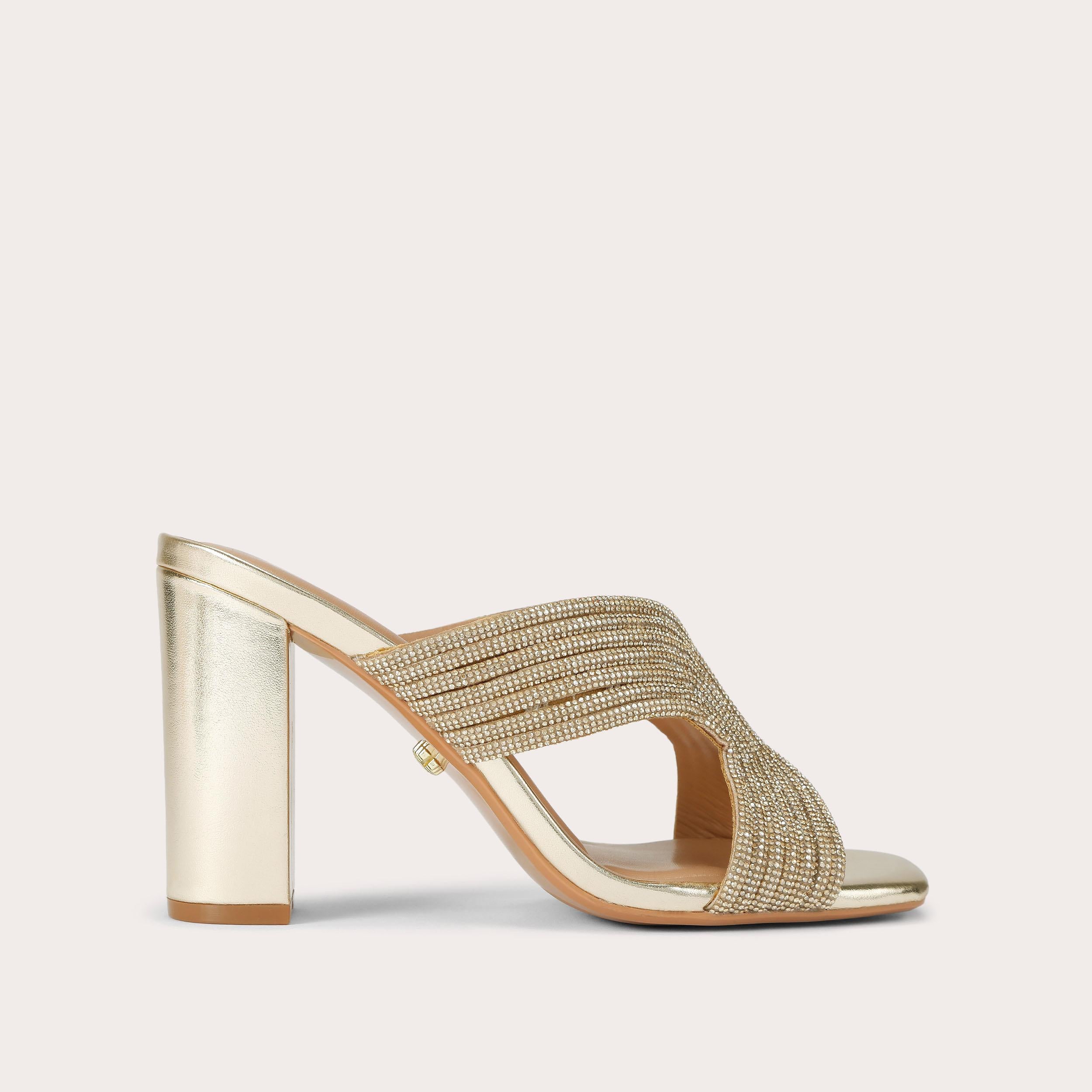 Paparazzi Block Heel — Metallic Gold Crystal Sandal, side profile