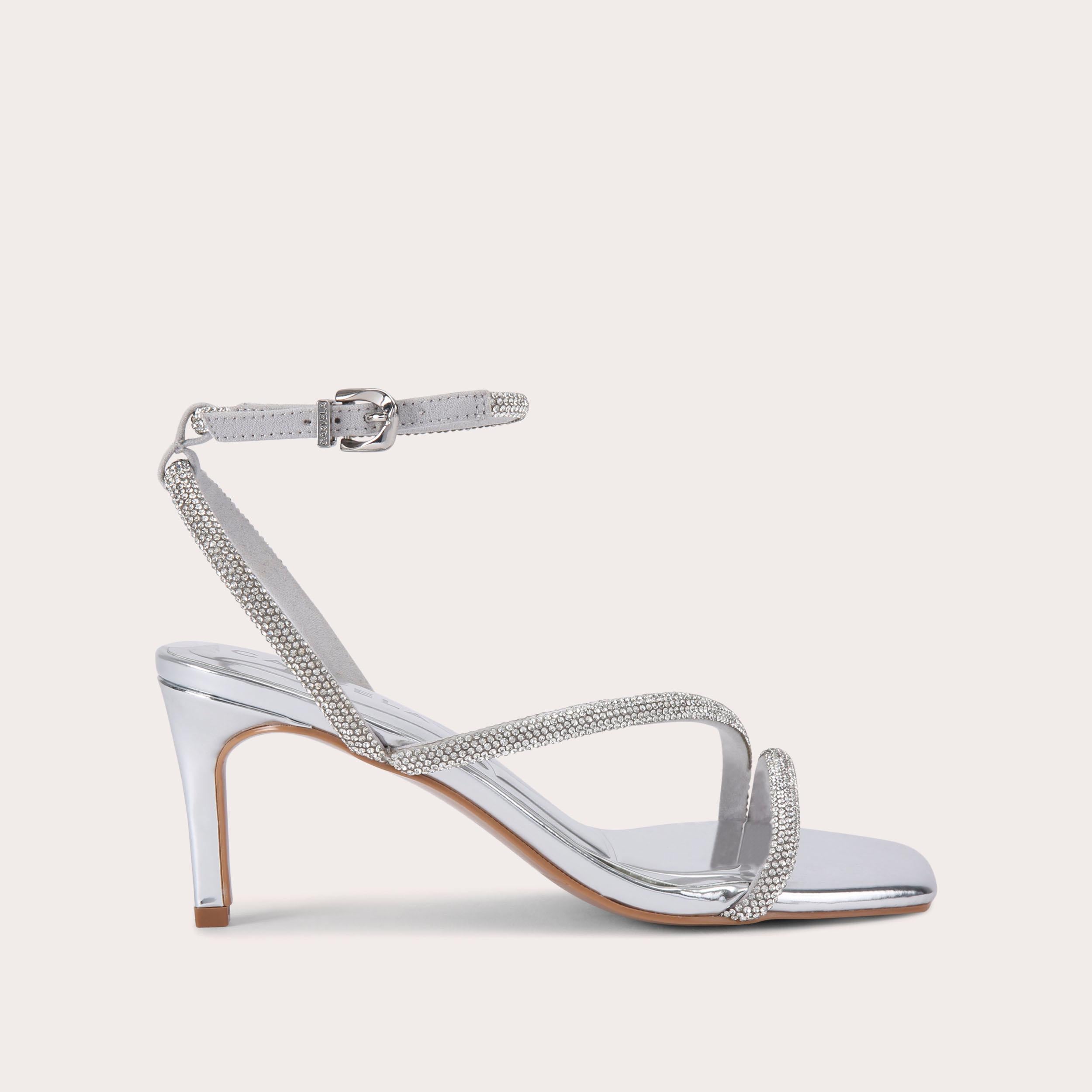 Paparazzi Low Heel — Metallic Silver Crystal Sandal, side profile