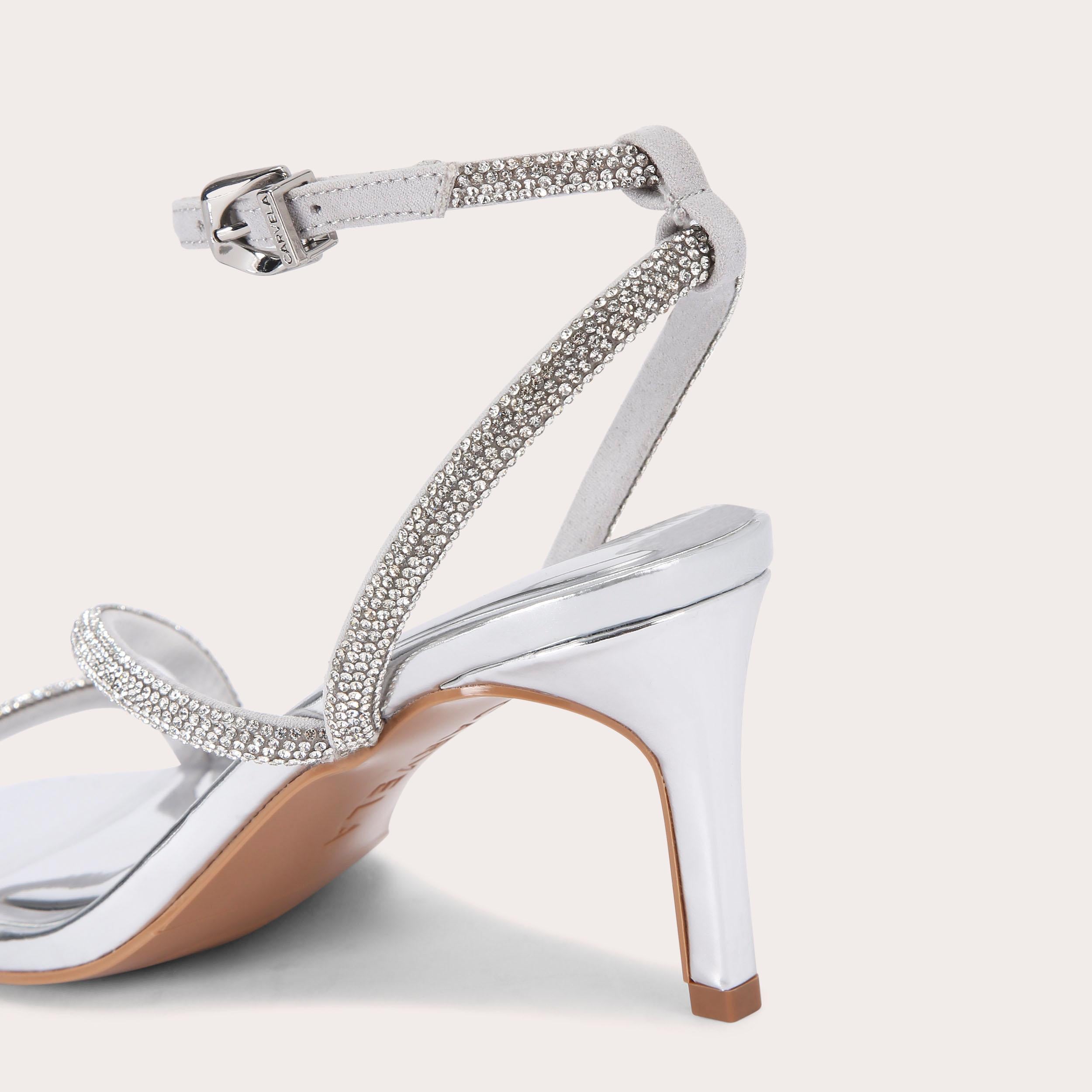 Paparazzi Low Heel — Metallic Silver Crystal Sandal, detail