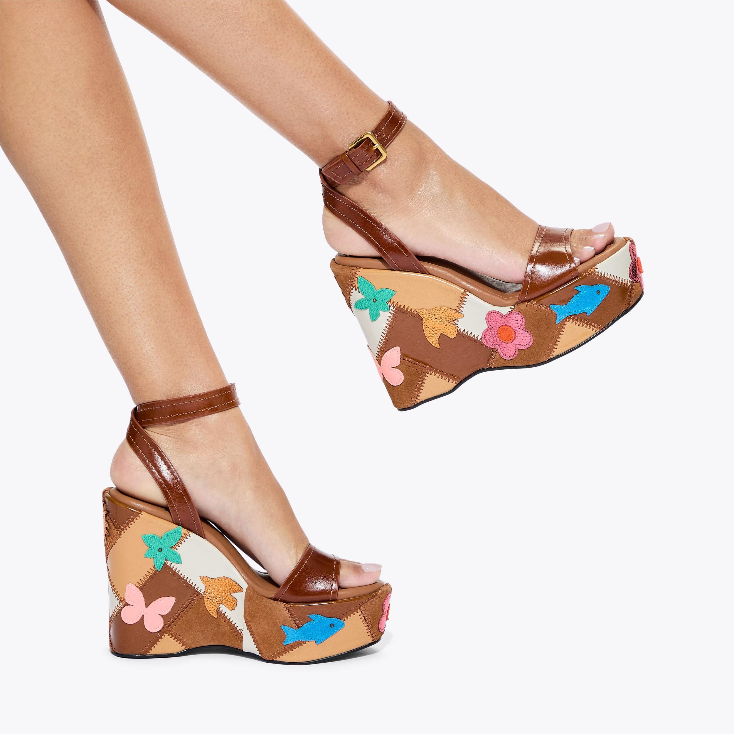 Patchwork Platform Wedge — Brown Leather Sandal, worn on foot