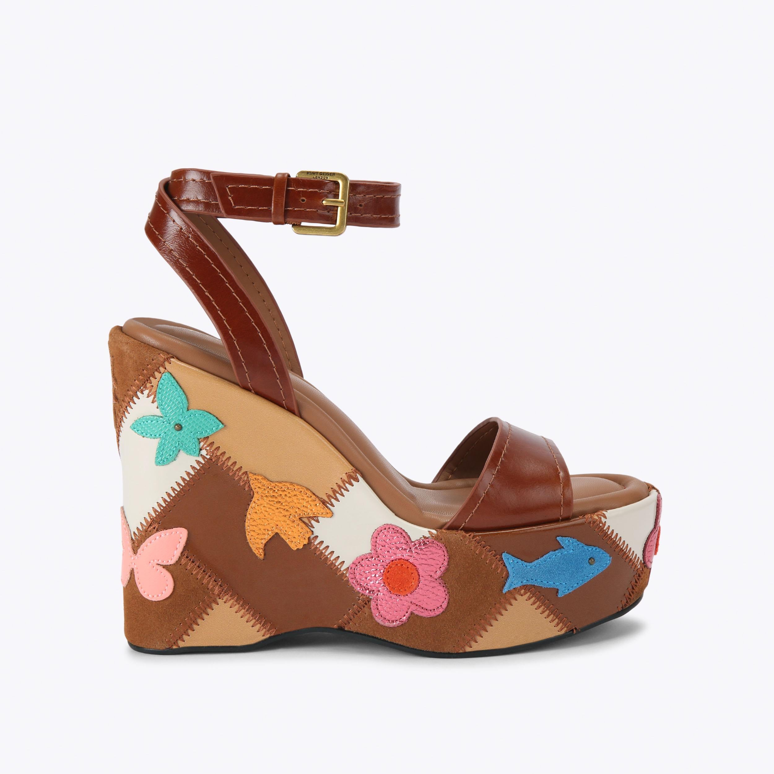 Patchwork Platform Wedge — Brown Leather Sandal, side profile