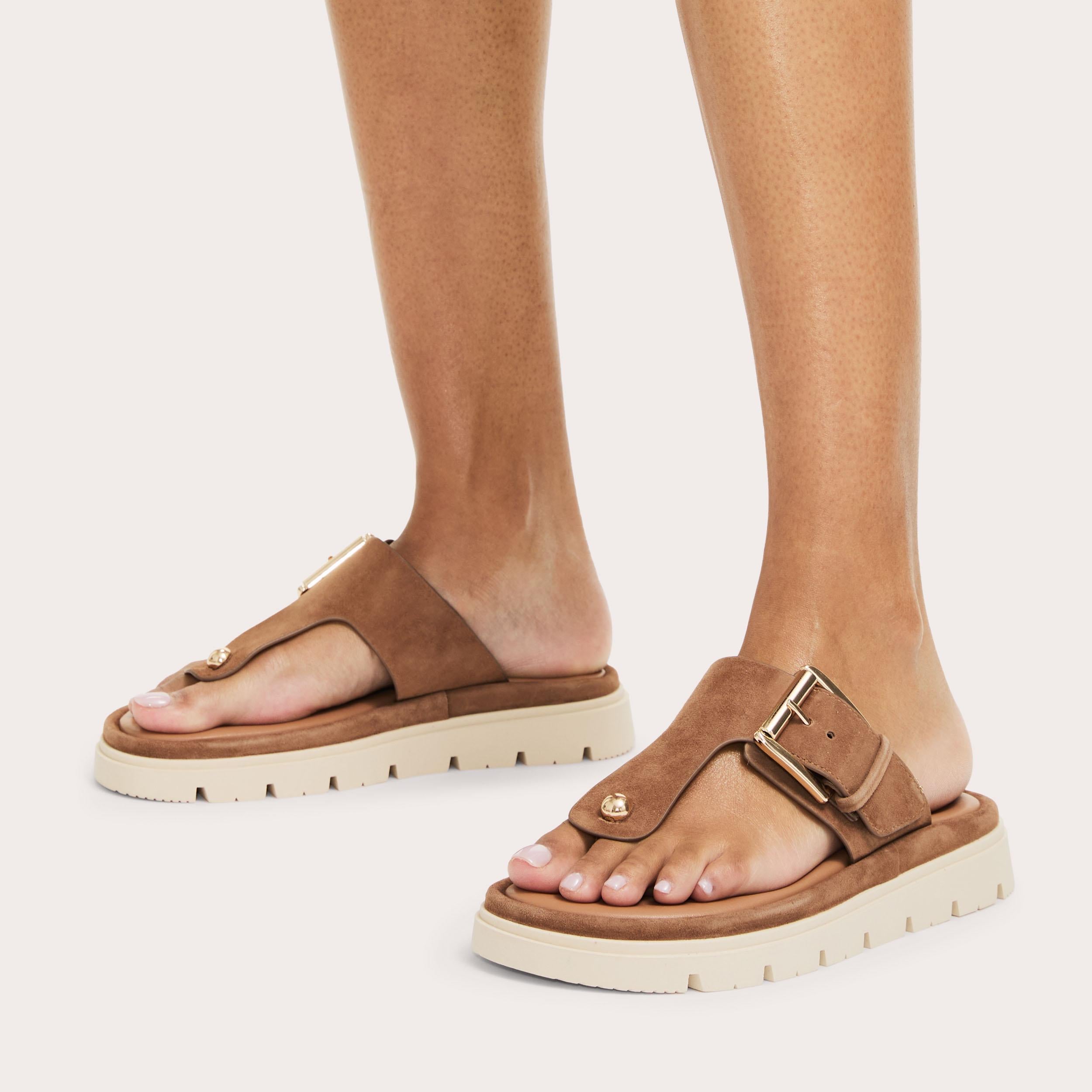 Pavilion T-bar Mule — Brown Suede Sandal, worn on foot