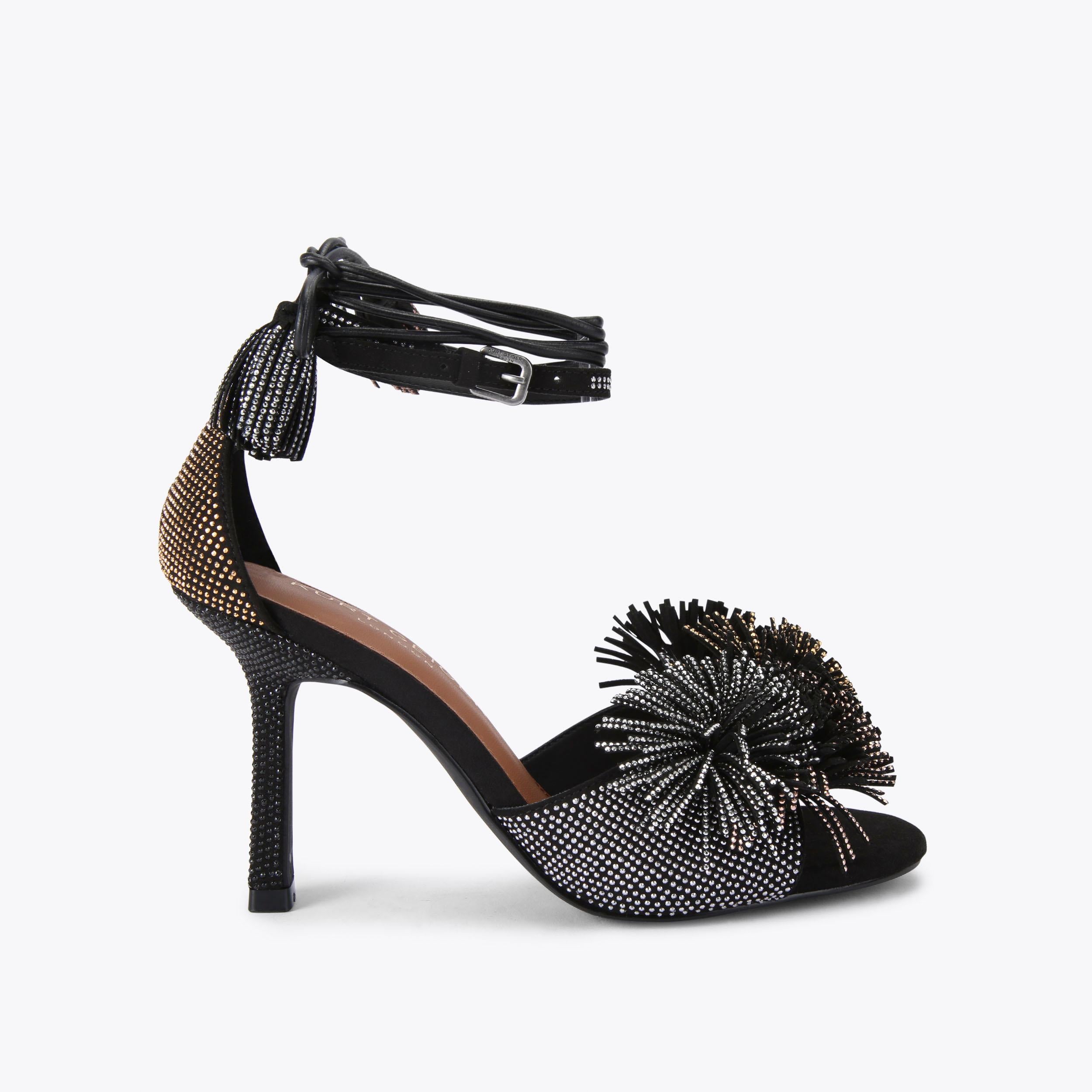 Pom Pom Tie Ankle Heel — Black Suede Crystal Sandal, side profile