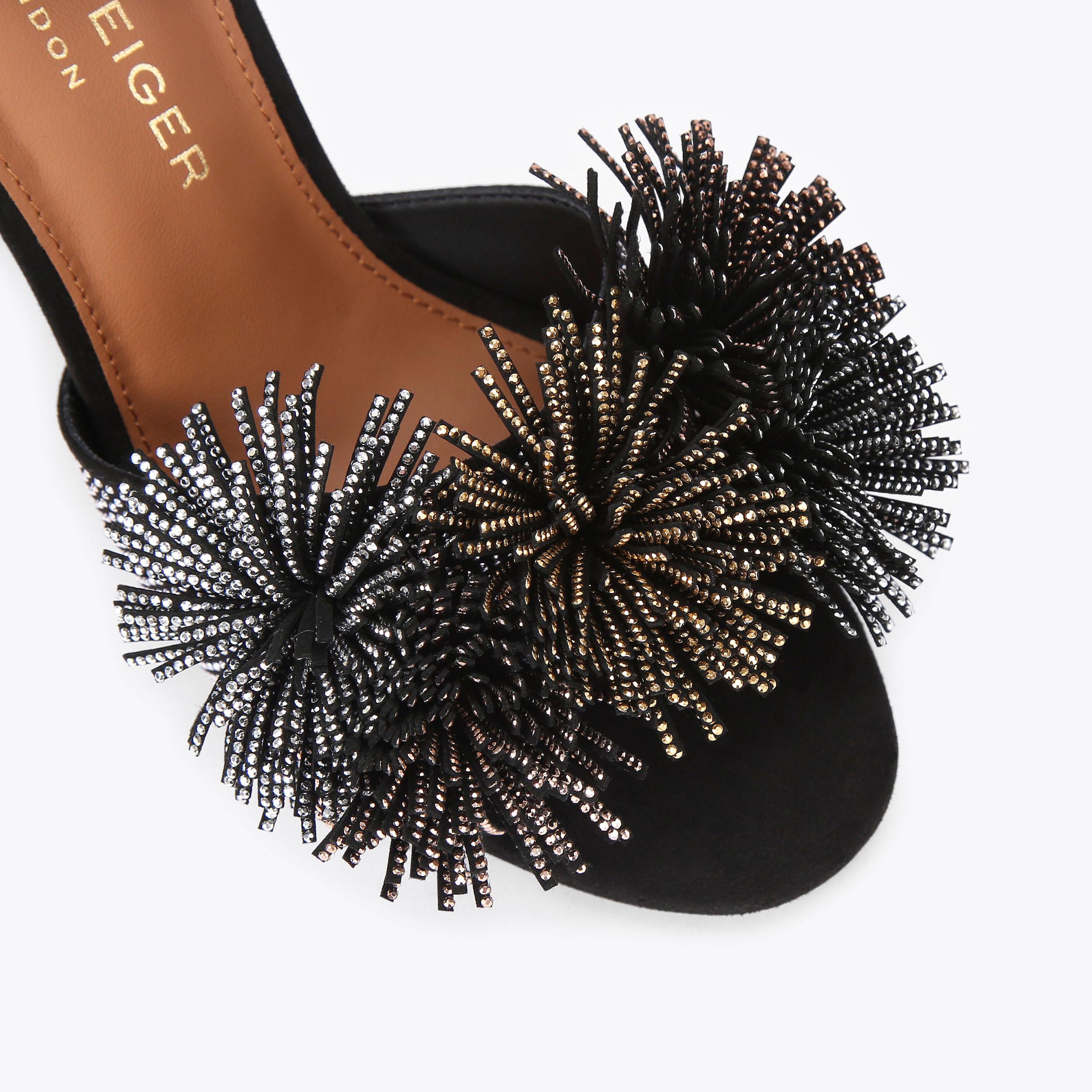 Pom Pom Tie Ankle Heel — Black Suede Crystal Sandal, view 5