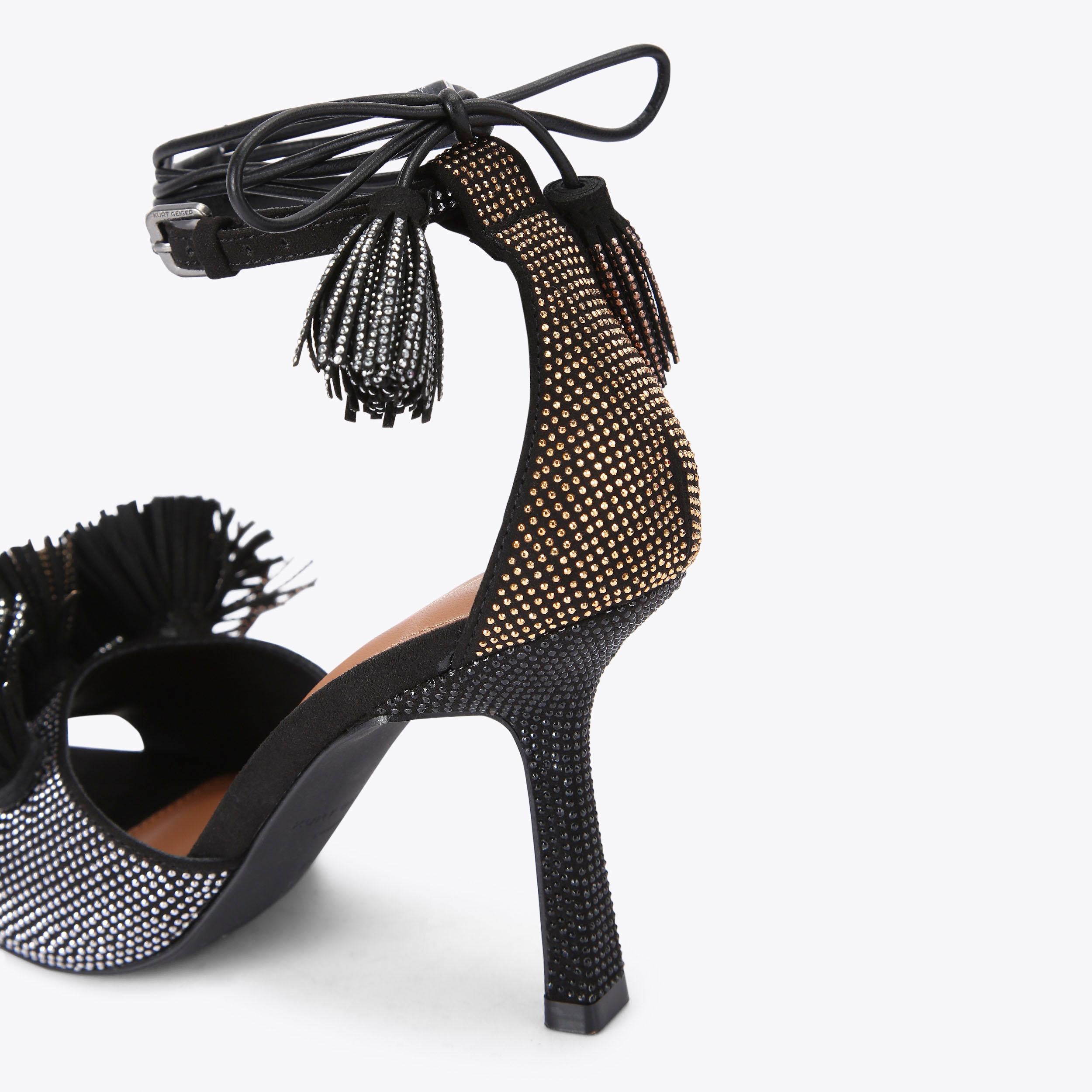 Pom Pom Tie Ankle Heel — Black Suede Crystal Sandal, detail