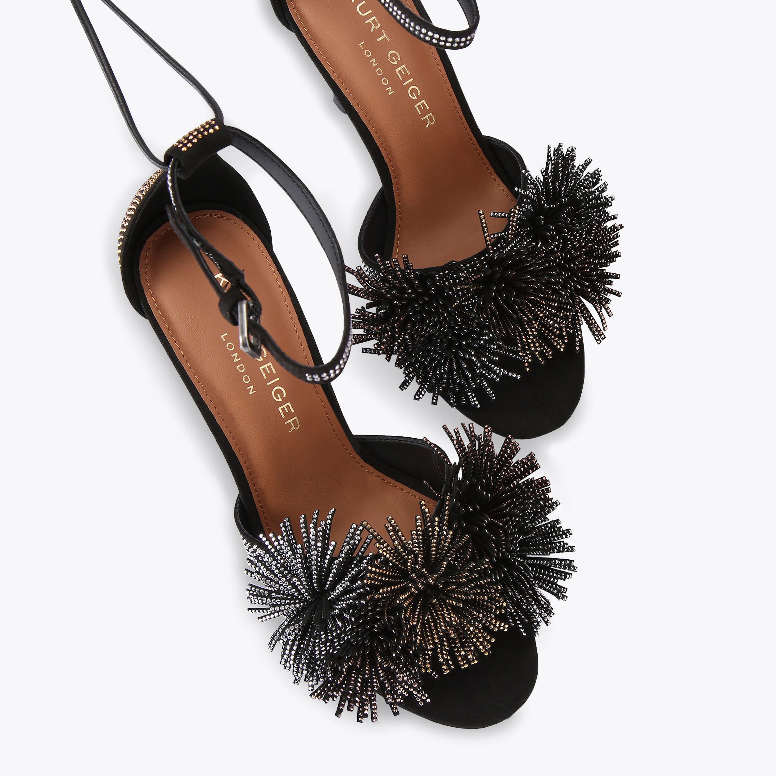Pom Pom Tie Ankle Heel — Black Suede Crystal Sandal, view 4