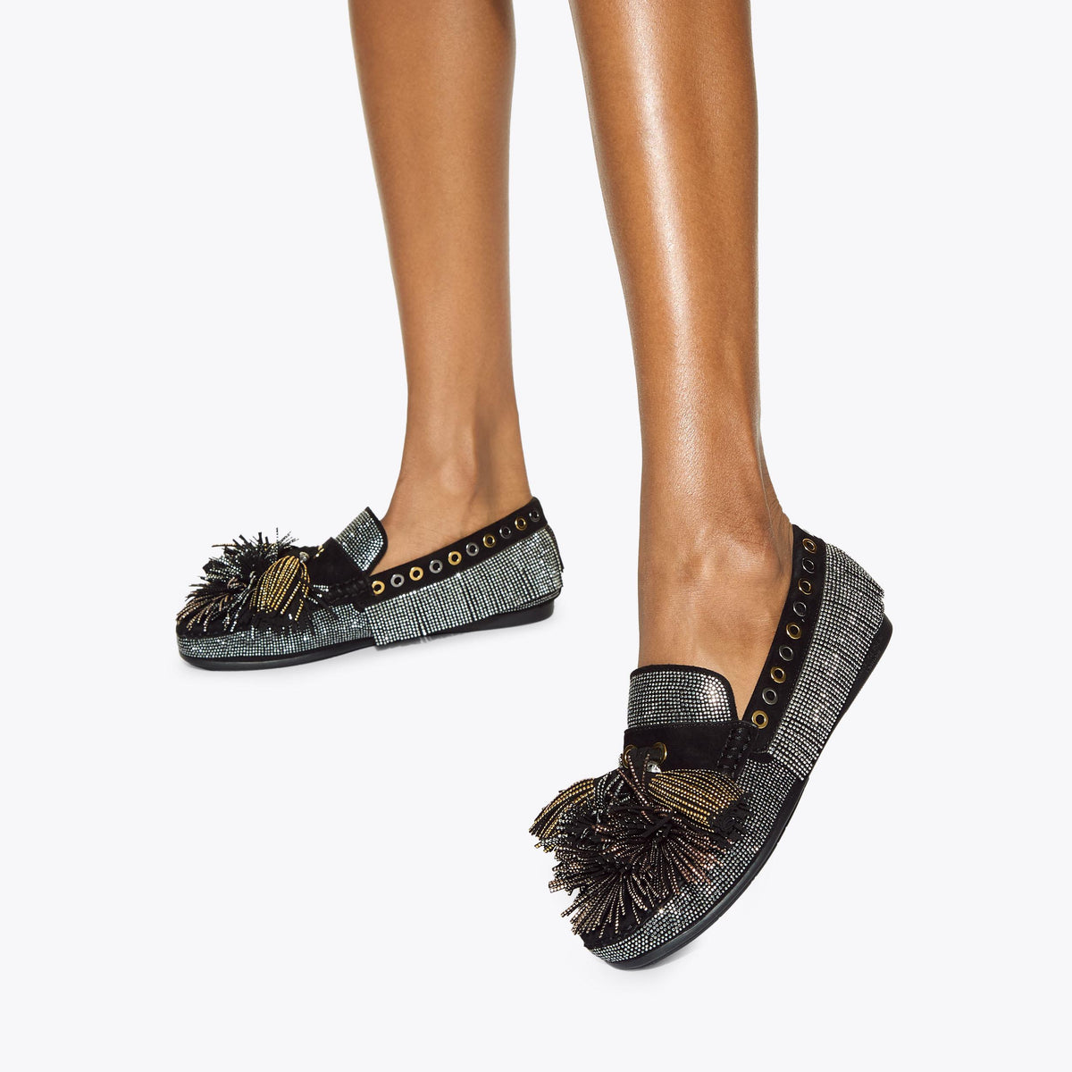 Pom Pom Moccasin — Black Suede Loafer, worn on foot