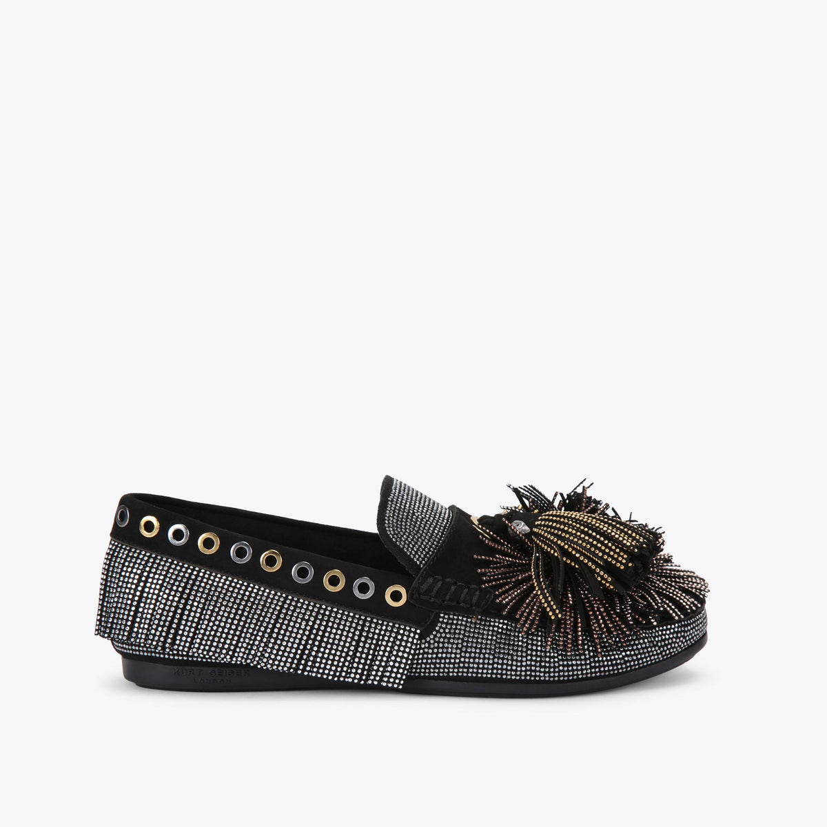 Pom Pom Moccasin — Black Suede Loafer, side profile