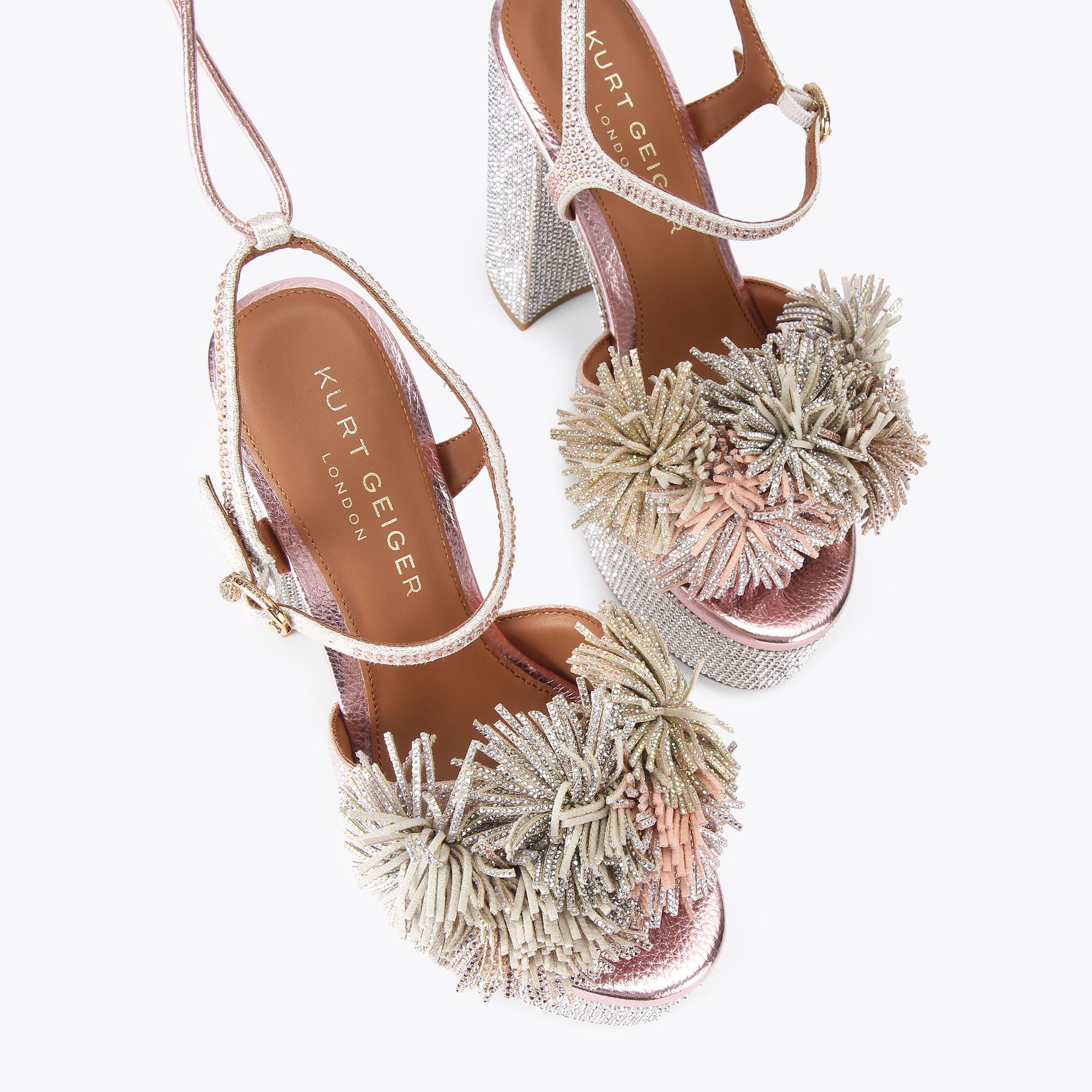 Pom Pom Tie Platform — Metallic Pastel Suede Sandal, view 3