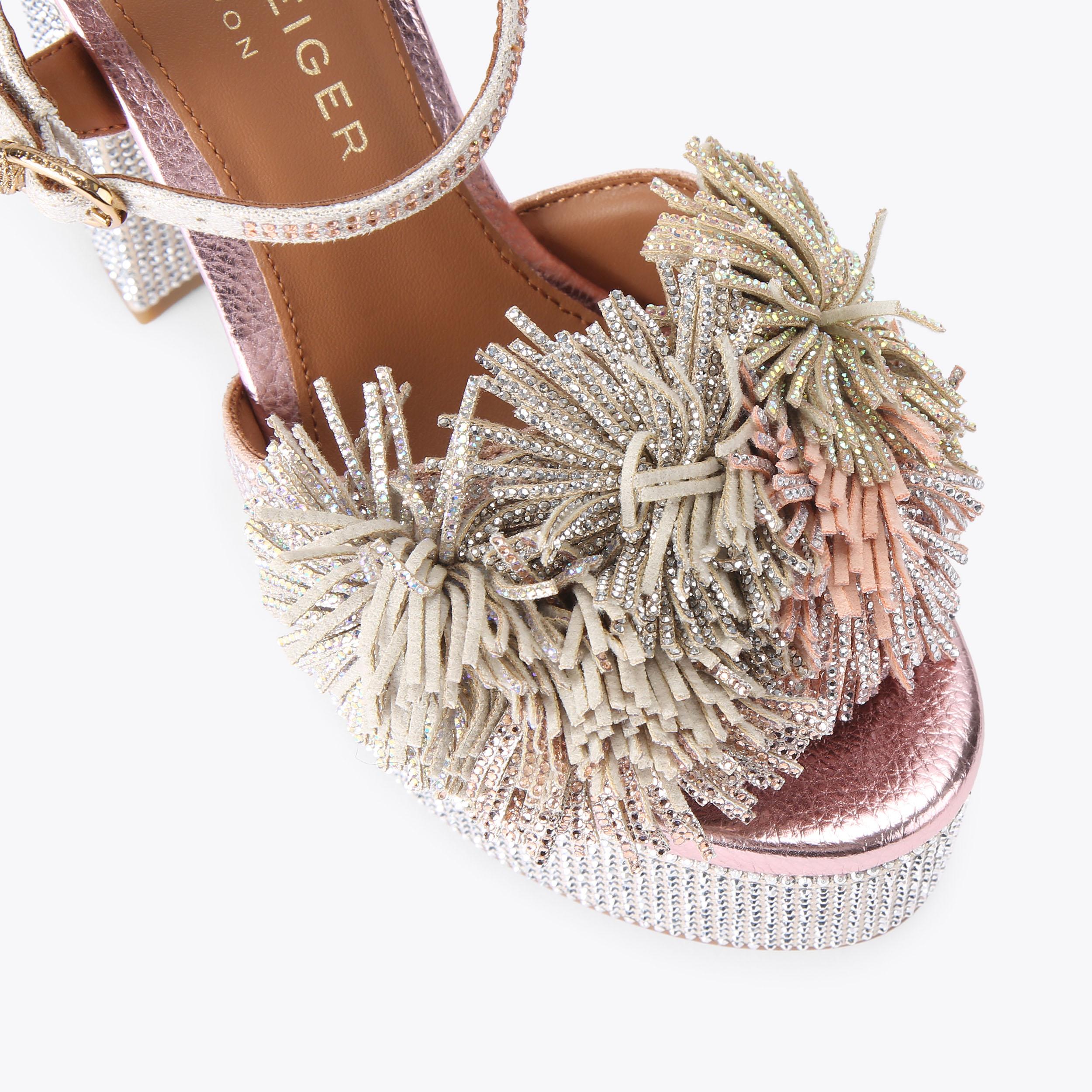 Pom Pom Tie Platform — Metallic Pastel Suede Sandal, view 5
